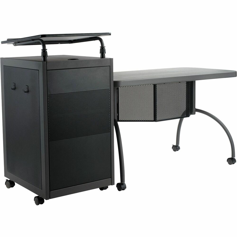 NPSTWP - The Teacher's WorkPod Desk and Lectern from Oklahoma Sound offers you both a desk and lectern to be used together or as separate standalone units. The WorkPod includes an attractive steel lectern. The convenient reading surface with a metal book stop can be set to your personal comfort zone and height requirement. Store all your supplies in the locking storage cabinet with height-adjustable shelves. Wire management grommets on the lectern cabinet allow for use of technology equipment such as projectors, laptops or tablets, and the built-in attractive mesh front provides venting to prevent overheating. The 24"W x 48"L WorkPod desktop is made from heavy-duty plastic blow mold with extra framing underneath for heavy-duty use. The desktop can be mounted on either side of the lectern on a contemporary frame and leg system with modesty panel. 2" double-wheel hooded casters offer you an ultra-durable and mobile unit. So sit or stand, lecture as you see fit - the choice is yours.
