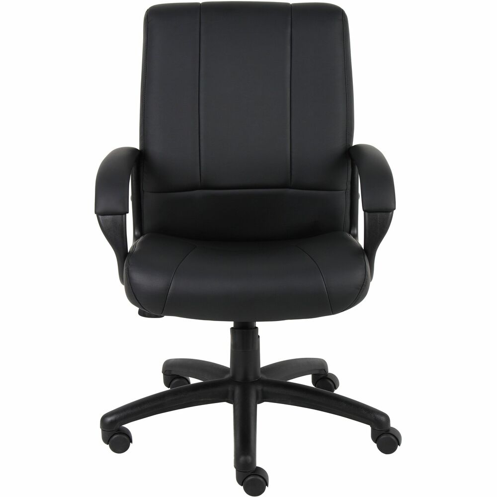 BOP7906 - This executive mid back chair is elegantly upholstered with extremely soft and durable Caressoftplus Vinyl. It features integrated lumbar support and padded armrests decorated in comfortable Caressoftplus Vinyl. Additional features include an upright locking position, adjustable tilt tension control, and pneumatic gas lift seat height adjustment for a seat height that extends from 20-inch to 23.5-inch. All of this sits atop a sturdy 27-inch nylon base with five hooded double wheel casters for exemplary stability and maximum mobility.