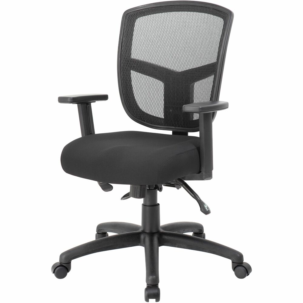 BOP6023 - This Contract Mesh Task Chair comes with a premium open breathable mesh back that will keep you cool and comfortable during extended periods of work. The height adjustable arms provide comfortable and versatile arm rests that can suit your personal preferences. The contoured 4" high density foam seat cushion provides added comfort. The chair has a three-paddle, multi-function tilting mechanism, which allows the seat and back to be independently adjusted and locked in any position throughout the tilt range. The adjustable tilt tension control knob, which is located under the seat, allows you to customize the tension of the tilt. The pneumatic adjustable gas lift allows for easy seat height adjustment to help you find the personalized sitting style that suits you and your work environment. The large 27'' black nylon base provides added stability to the chair. The hooded double wheel casters make it easy to move and shift directions. The weight capacity of this chair is 275 lb., and the seat adjusts from 19"-22H".