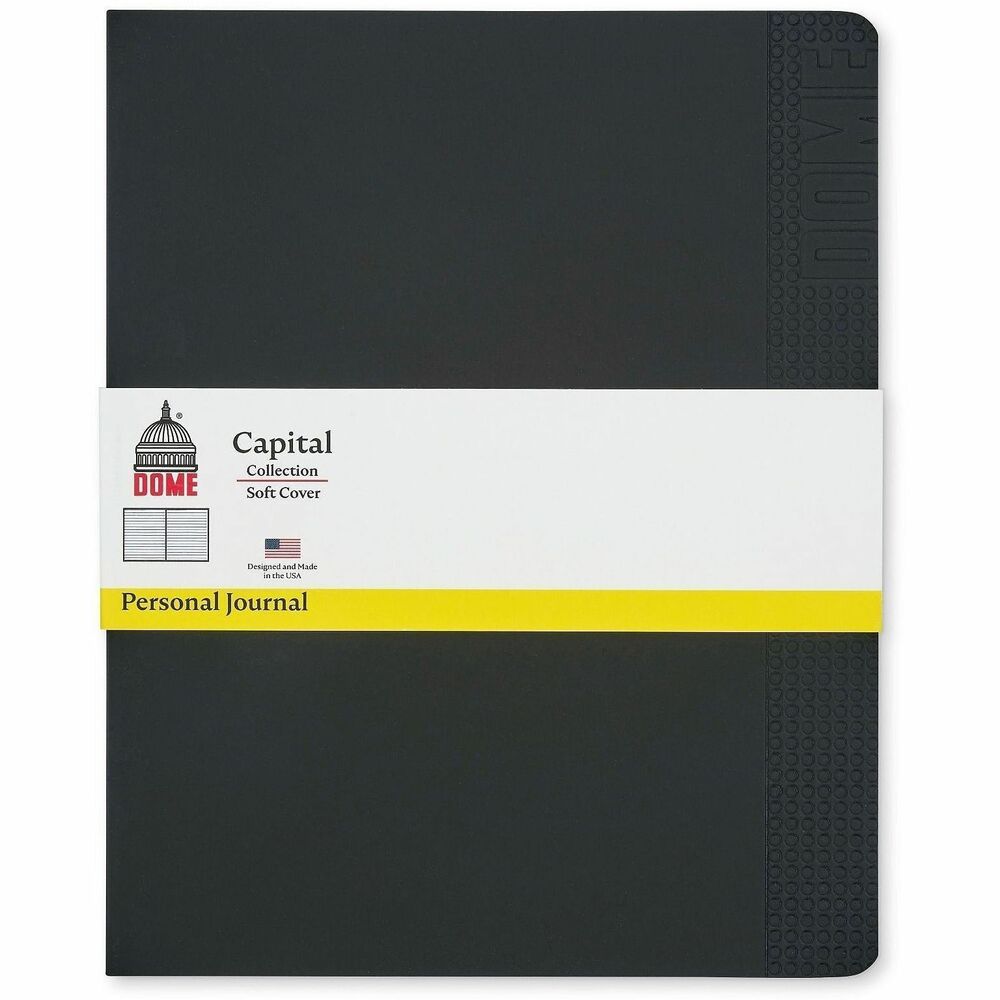 DOM30012 - The Dome 8 X 10 Inch Softcover Personal Journal offers convenience and professional style in a compact size. The black flexible cover is lightweight, making it perfect for work, school, or journaling on the go. Inside are 192 pages of premium 60-lb acid-free paper that resist bleed-through and support a clean, enjoyable writing experience. The lay-flat construction allows effortless writing from edge to edge, and the expandable pocket provides extra space for small notes or cards. Made in the USA from 10% recycled materials, this notebook exemplifies Dome's legacy of quality and reliability.Premium Softcover Journal Design- Flexible matte grey cover provides a sleek, lightweight alternative to hardcover journals, ideal for travel, school, office, or daily journaling on the go.High-Quality Writing Journal Experience- Smooth 60-lb. premium acid-free bright white paper prevents bleed-through and works with pen, pencil, or marker, offering a superior writing notebook for daily notes, journaling, and professional use.Lay-Flat Lined Journal Construction- 8×10 inch softcover journal opens comfortably for effortless writing, journaling, and note-taking, designed for planners, students, writers, and professionals seeking an easy-to-use daily notebook.Expandable Inner Pocket- Convenient pocket keeps receipts, notes, and business cards organized in your lined journal, making it ideal for meetings, travel, school, and everyday personal record-keeping.Trusted Quality- Made in the USA with over 80 years of journal expertise, this lined notebook is crafted from 10% recycled paper and built to last, offering eco-friendly durability and professional quality for work, school, and home use.