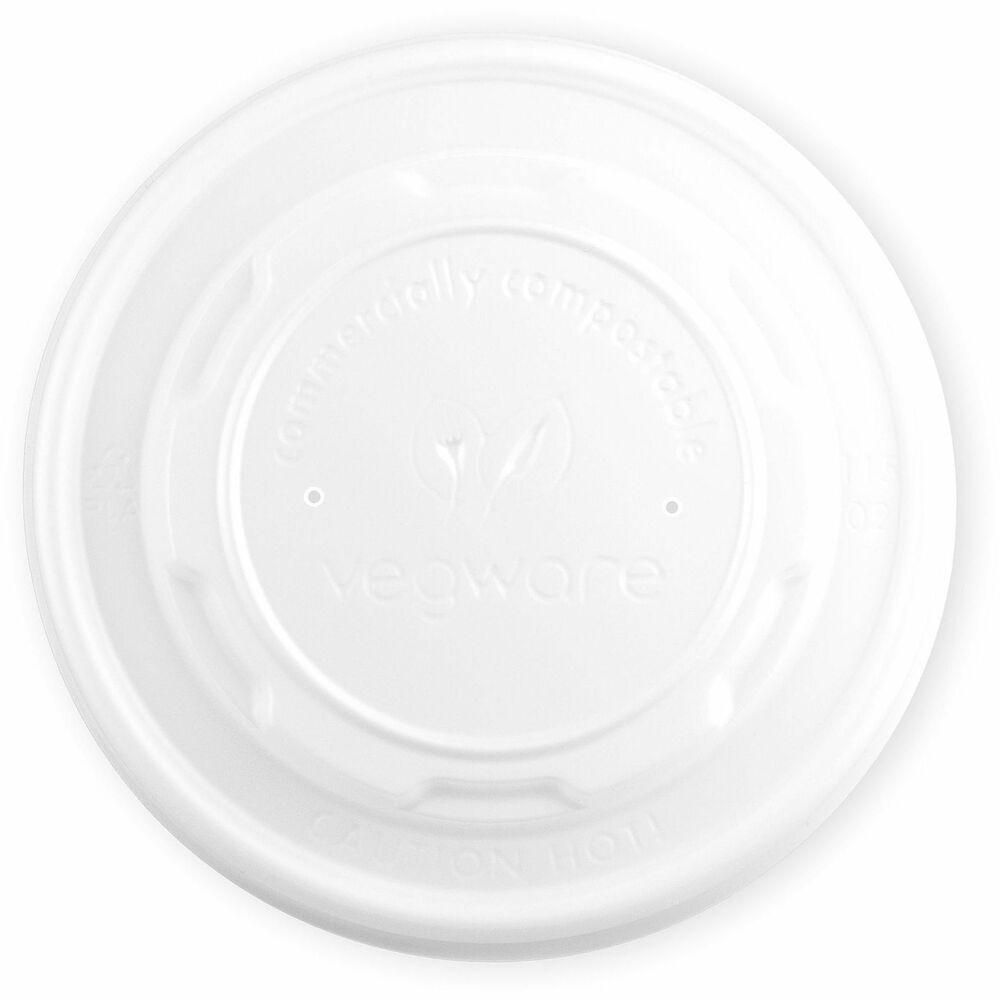 VEGVLID115S - Flat lid for Vegware's 115-Series soup containers. A practical no-hole lid for hot soups or stews. Made from CPLA, a renewable material made from plants. Off-white colour, embossed with Vegware messaging. Award-winning quality by Vegware, made from plants.