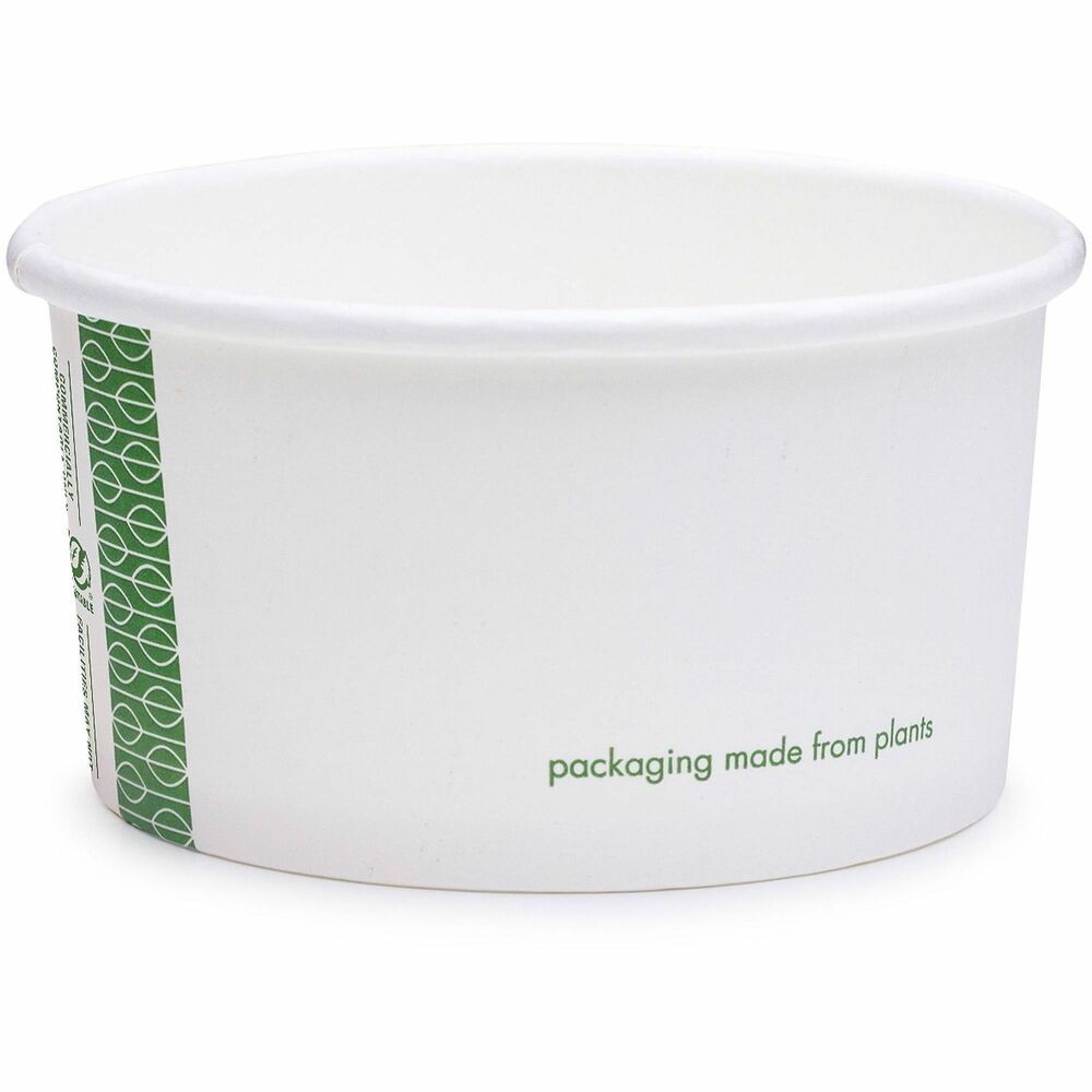 VEGSC06G - 6oz soup container. Fits 90-Series lids. Ideal for soup, ice cream, samples and more. Paperboard with a plant-based PLA lining. Crisp white with Vegware's iconic green band design. Award-winning quality by Vegware, made from plants. Designed for industrial composting.