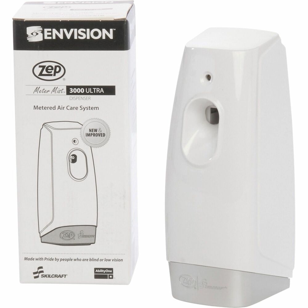 NSN4264187 - Zep Meter Mist 3000 Odor Control Dispenser protects your environment against unpleasant odors or insects up to 6,000 cubic feet. Spray interval dial allows 5 to 43-minute spray intervals. Dispenser is fully programmable with soft-touch buttons, precise clock setting for hourly On/Off activation, and an LCD screen that shows battery condition and "Days To Refill Change." Programmable shutoff feature offers daily and weekly schedules. Dispenser also includes two D batteries.