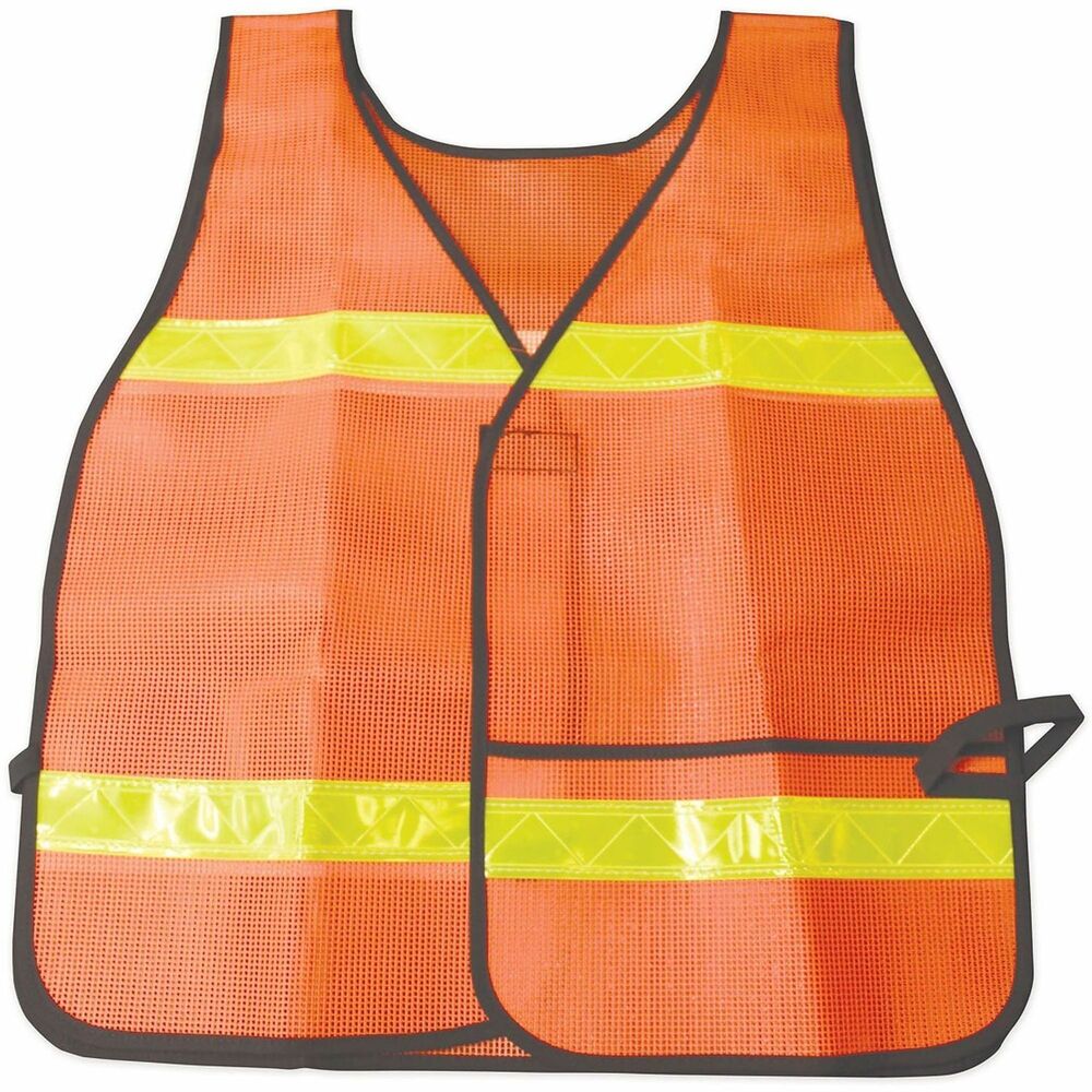 NSN3940216 - General purpose vest is made with fluorescent vinyl-coated orange mesh and 3M Scotchlite reflective yellow tape. Flame-resistant.