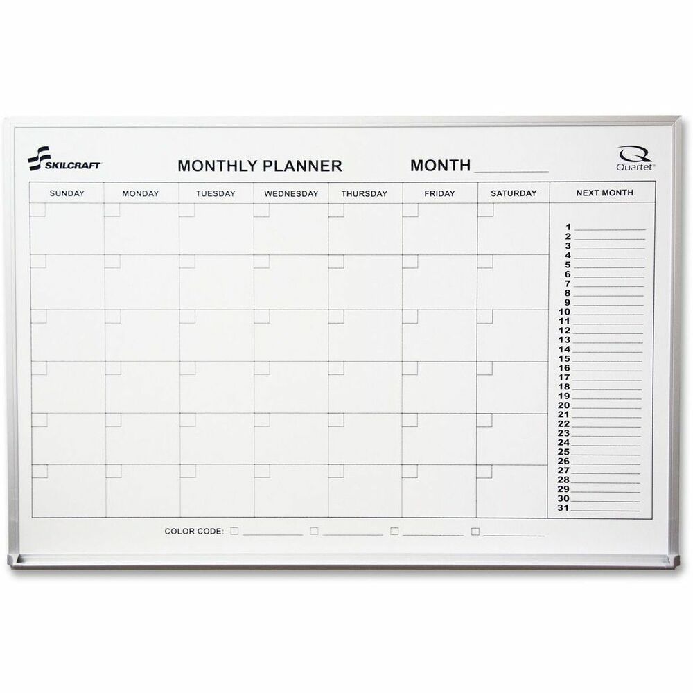 NSN4845263 - Monthly planner board features a silk-screened, dry-erase, monthly calendar for scheduling office events. Smooth, melamine finish is perfect for brilliant dry-erase marker colors and easy cleanup. Monthly planner also offers an aluminum frame with rounded corners and a detached, full-length marker tray that can be attached in the horizontal position. Board also includes one black dry-erase marker.
