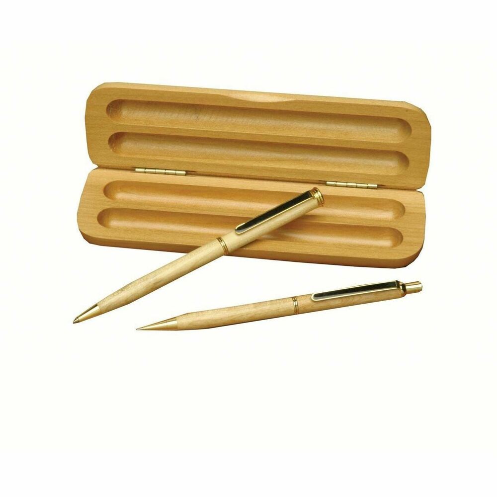 NSN4583932 - Imperial Pen and Pencil set features smooth wood barrels. Gold accents are included on the clip, barrel ring and tip of pen and pencil. Pen has medium point and black ink. Mechanical pencil includes a 0.5mm lead and eraser. Comes in a two-chambered wooden case.