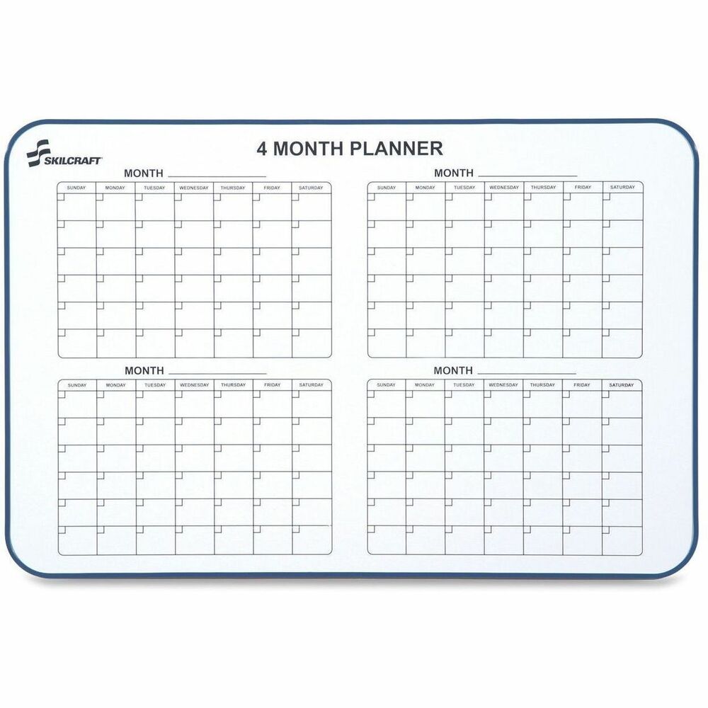 NSN5550295 - Dry-erase calendar features a silk-screened, four-month calendar to keep track of all scheduled projects. The board provides ample space for writing important information. Each monthly block has a ruled area to write the name of the month. Unruled daily blocks from Sunday to Saturday offer a smaller block in the upper left corner to write the date. Board has a melamine finish for easy cleanup and an aluminum frame. Four-month planner includes a dry-erase marker, mounting hardware and a detached, full-length marker tray that can be attached in the horizontal position.