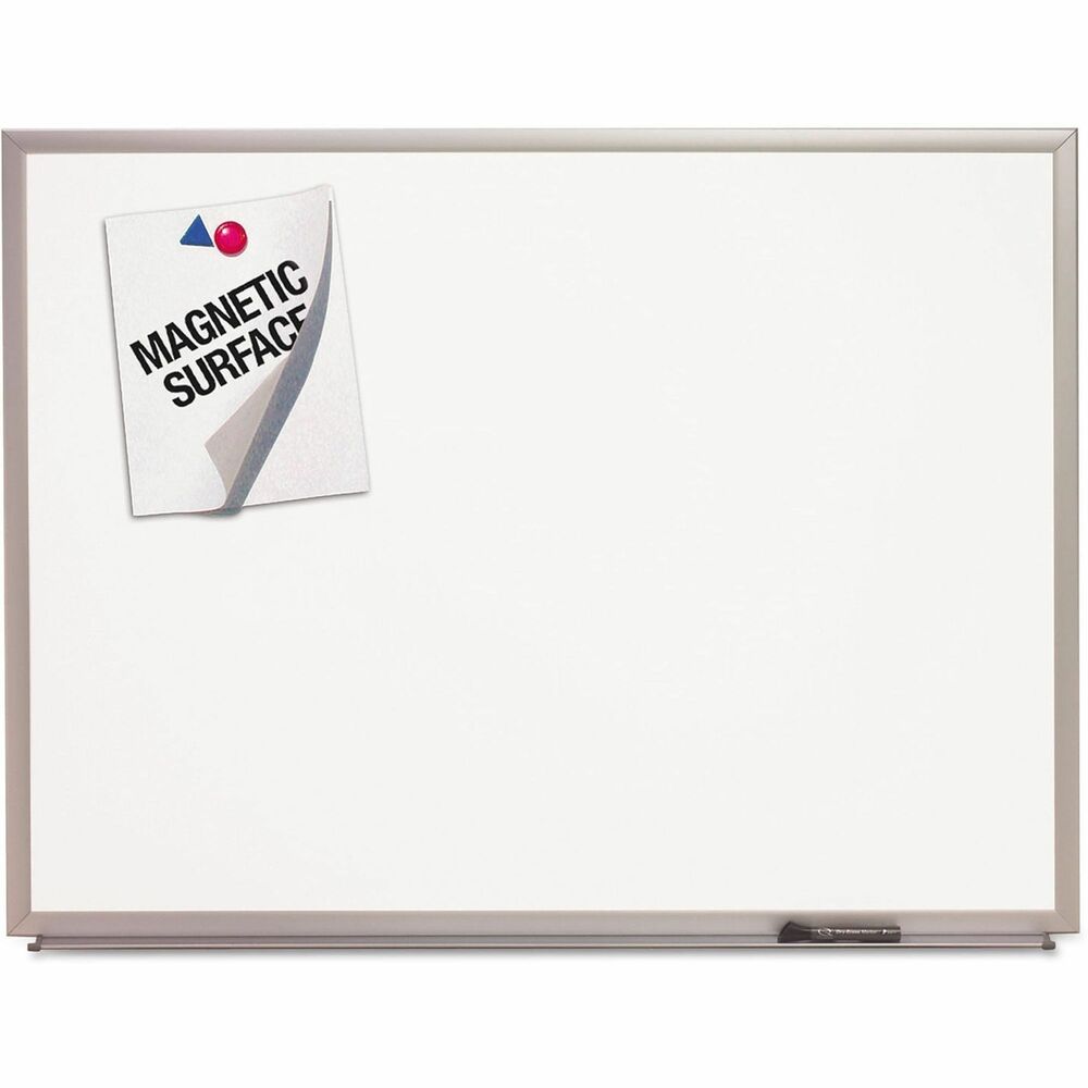 NSN5680399 - Quartet/SKILCRAFT Magnetic Porcelain Dry-Erase Boards deliver the benefits of a premium porcelain surface. Boards will not stain or ghost, dent or scratch - standing up to the demands of heavy use environments. The smooth writing surface is easy to clean and maintain, while the steel-backed porcelain creates a magnetic surface, doubling its use as a dry-erase and bulletin board. Contemporary satin-finish anodized aluminum frame complements contemporary décor. Hardware and instructions come included, and the board can hang vertically or horizontally. Attachable full-length marker tray with protective plastic end caps and four assorted-color dry-erase markers also come included. Frame contains a minimum of 30% pre-consumer recycled aluminum. Lifetime warranty.