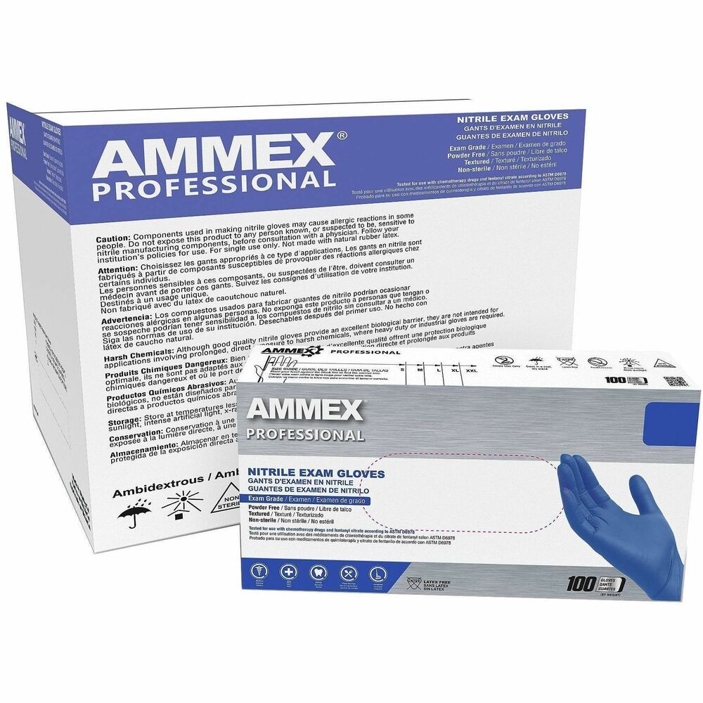 AMXACNPF42100CT - AMMEX Professional Exam Blue Nitrile Gloves provide reliable protection for healthcare professionals. Designed for durability and comfort, these gloves are chemo-rated and resist fentanyl permeation for up to 240 minutes. They offer consistent barrier protection against bodily fluids, bloodborne pathogens and contaminants to ensure safety in demanding environments. Powder-free and latex-free, they deliver superior grip and tactile sensitivity for precision tasks.