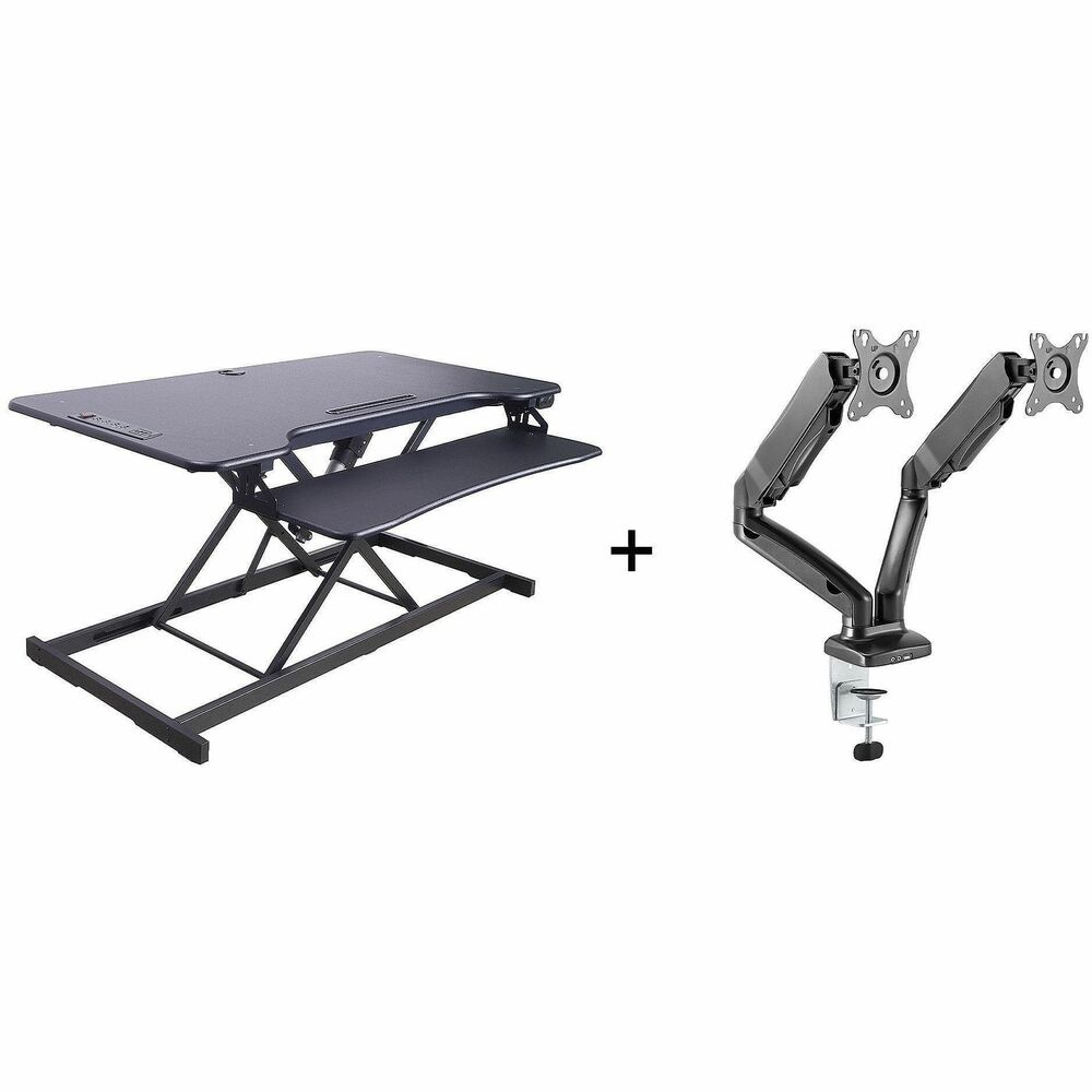 RCLREDRB46MA2 - The Rocelco R EDRB-46-MA2 Electric Desk Riser Bundle provides effortless functionality in a standing desk converter, with smooth quiet up/down motion at the touch of a button. This bundle features a large 46" x 23.6" work surface, plus a full size 35" x 10" fixed keyboard tray that holds a keyboard or laptop. Electric lift system raises up to 35 lb., with EVR Enhanced Vertical Range from 4.7" to 21.7" allowing comfortable ergonomics for users of most heights. Useful extras include four AC outlets and two USB 2.0 ports on the desktop, a 10.5" wide slot on the main work surface to hold a tablet or phone and a rear grommet hole for an optional monitor arm. Included Rocelco MA2 - Double monitor Arm with GPCMA (Gas Piston Counterbalance Motion Assist) allows effortless independent screen adjustment for comfortable viewing. Arm fits two 13"-27" screens up to 14.3 lb. each. Included USB 3.0 and USB-C multimedia ports let conveniently connect and charge your devices. Cable channels provide a hassle-free way to run your cables and maintain a tidy uncluttered workspace. Bundle includes two mounting systems to attach to your desk - clamp and grommet.