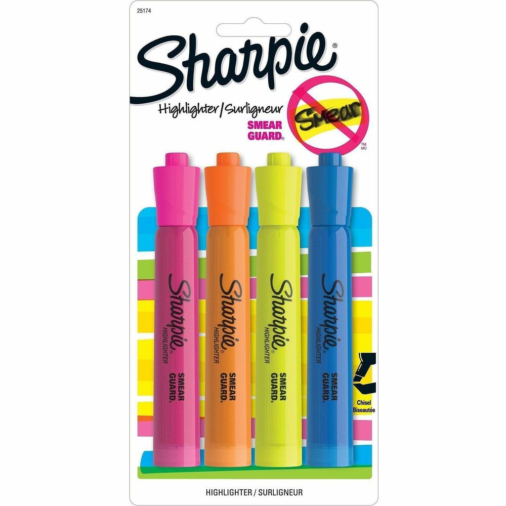 SAN25174WC - Sharpie Highlighters feature a tank style and easy gliding chisel tip for a smooth highlighting experience. The chisel tip lets you highlight both wide and narrow lines of text. Smear Guard ink is specially formulated not to smear when highlighting over many pen and inks, such as inkjet printouts, written notes, newspapers and more. Bright, see-through colors make your highlighted text easy to read. Certified AP nontoxic ink is odorless and quick-drying. Let ink dry before highlighting.