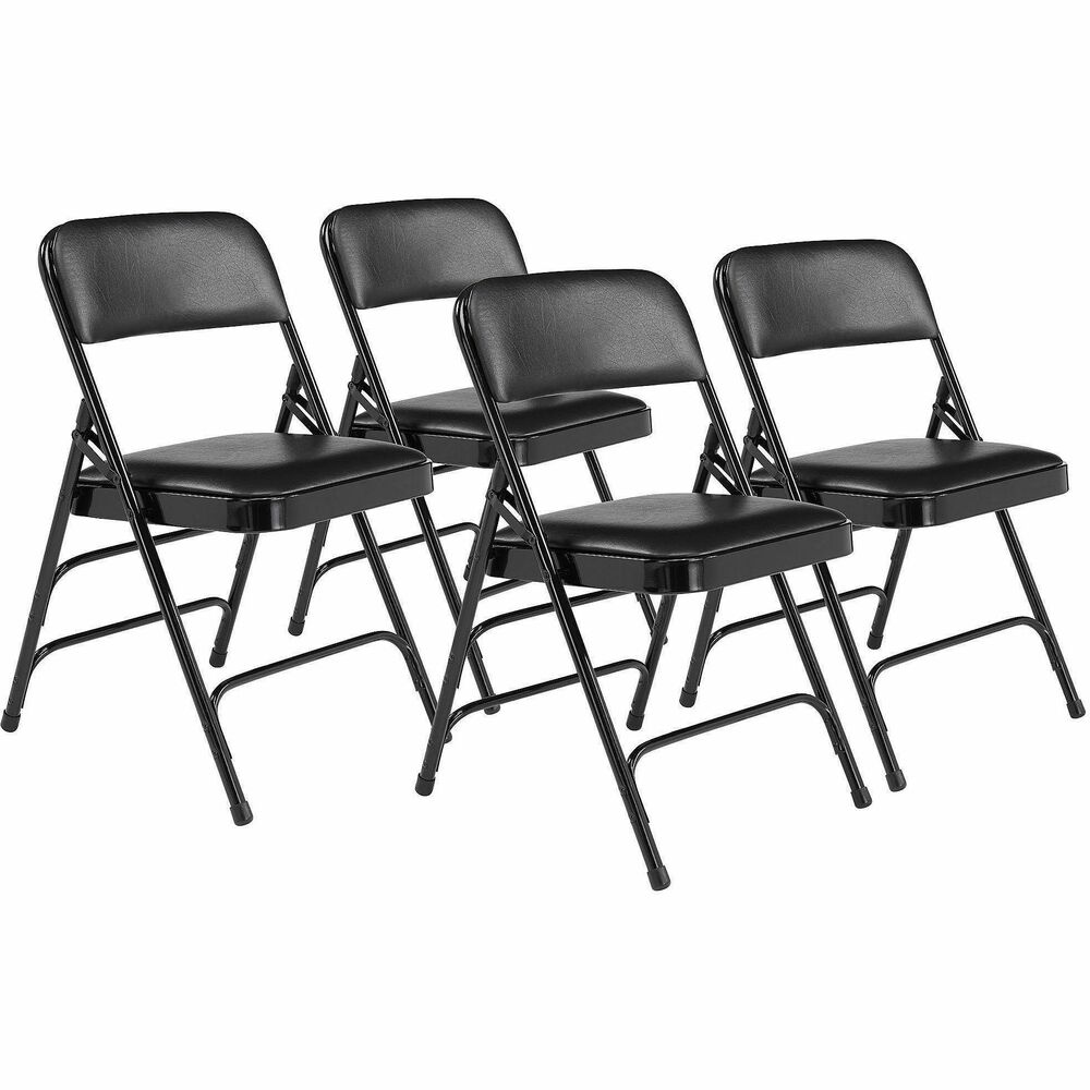 NPS1310 - The comfortable 1300 Series Premium Upholstered Folding Chair is made with a combination of durable vinyl wrapped over 1.25" of soft foam on a sturdy metal frame. This institutional-grade chair features a unique full-size, double-contoured backrest, upholstered and firmly secured to the frame with six rivets. The powder-coated steel frame is made from heavy-duty 18-gauge round tubing and features three U-shaped double-riveted cross-braces, one in front and two in the back, to securely support the double-hinged legs. Color-coordinated V-tip stability plugs provide added reinforcement at the frame's junction and matching replaceable glides prevent floor damage. The 1300 Series meets MAS Certified Green and ANSI/BIFMA standards.