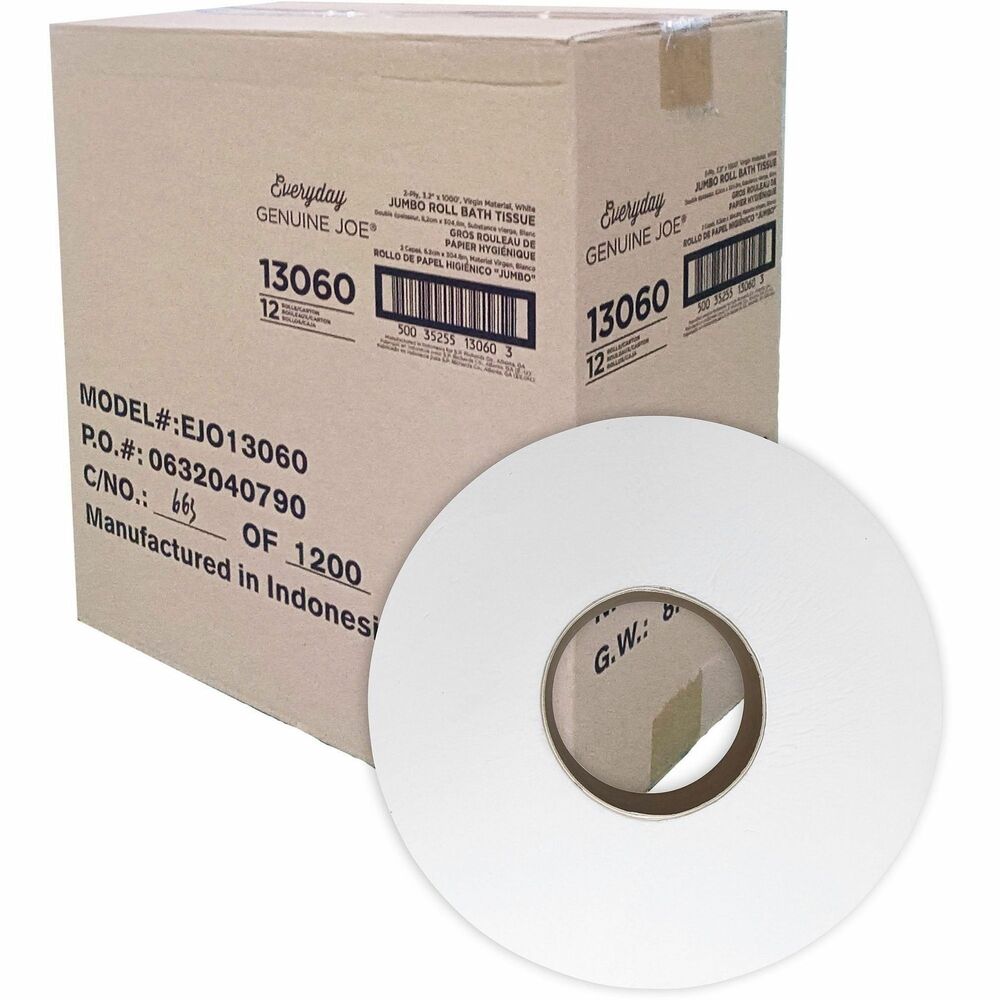 EJO13060 - Everyday Genuine Joe Jumbo Roll Bathroom Tissue provides effective support whenever you need it. Soft-yet-supportive bathroom tissue is 2-ply to ensure added comfort. Jumbo rolls deliver extra sheets to keep roll changes to a minimum.