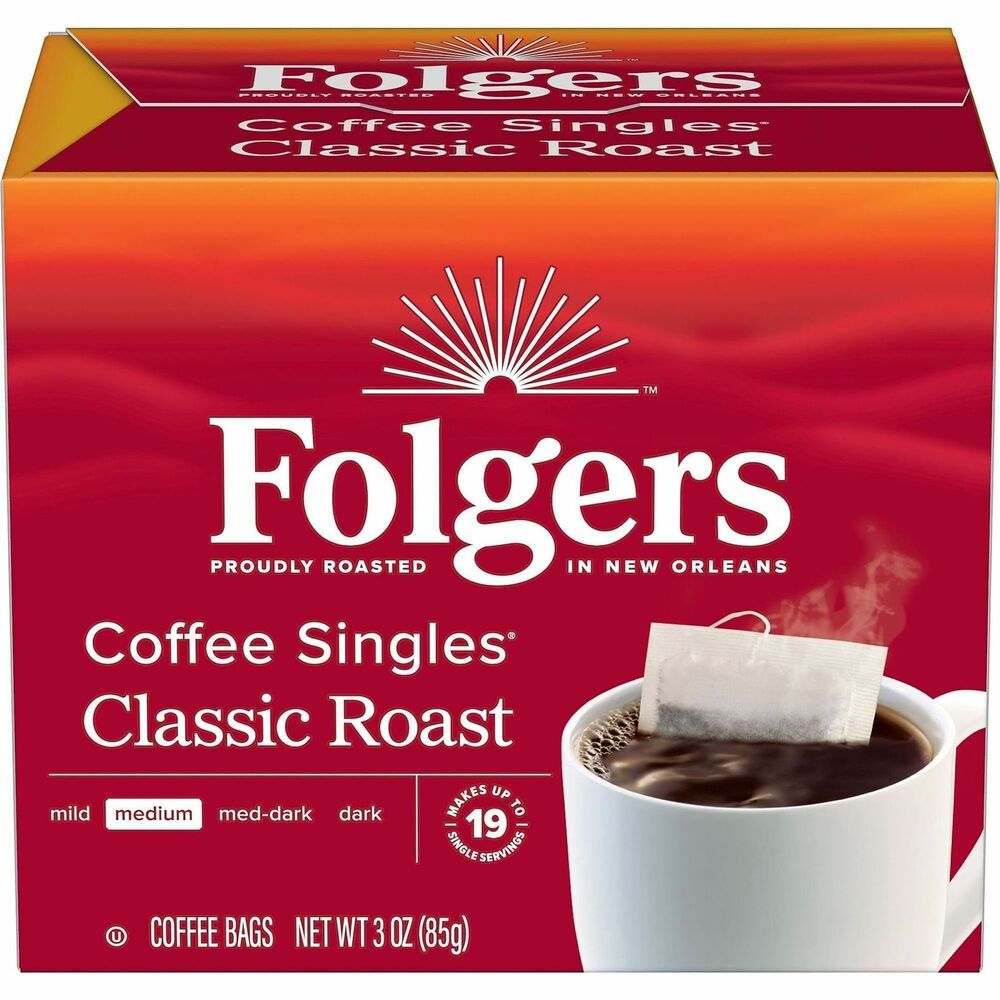 FOL81121 - Folgers Coffee Singles Coffee make a fresh cup every time. Brew a cup of delicious coffee right in your own mug with these convenient single-serving coffee packets. Each single-serving coffee bag is made with pure Mountain Grown coffee and comes individually wrapped for the ultimate convenience and freshness. Medium-roast coffee delivers rich, smooth flavors that will make your morning better - every morning.