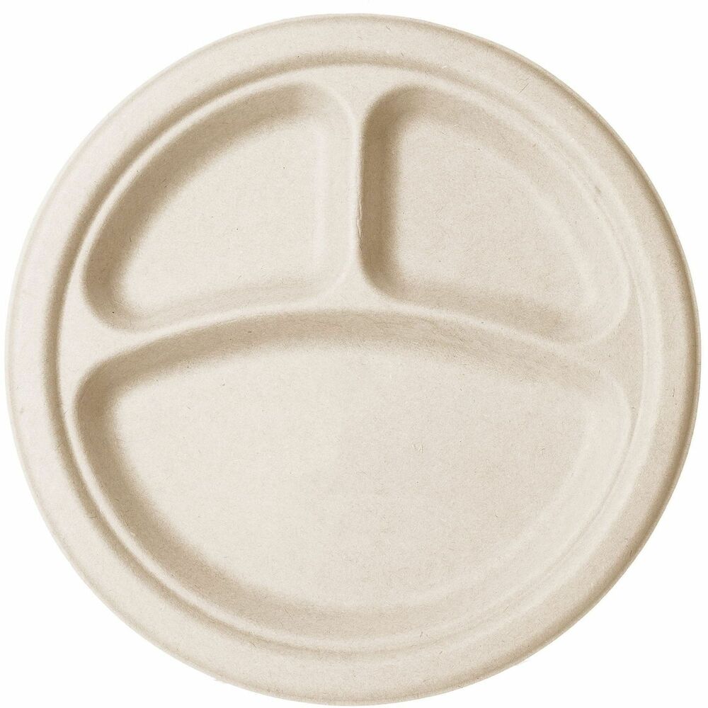 VEGVWP007NFA - Vegware 10" 3-Compartment Molded Fiber Plates deliver sturdy support made from plant-based materials. Part of the Nourish range, these plates are great for both hot or cold use, and are sturdy enough to load up with food. Made from reclaimed natural fiber, these plates contain no-added PFAS. Plant-based plates are designed for industrial composting.