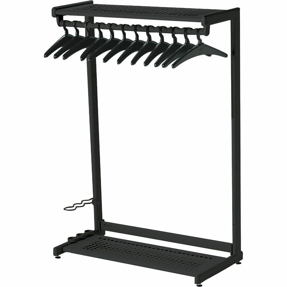 QRT20224 - Contemporary, radius-designed garment rack moves where you need welcome guests and store their coats and accessories. It is made of textured steel with powder-coat finish. Each includes hangers and features bottom shelf for footwear and attachable rack for umbrellas. Custom-molded hanger rail is evenly indexed to accommodate four to eight hangers per foot. Freestanding garment rack is 61-1/2" high, including levelers.