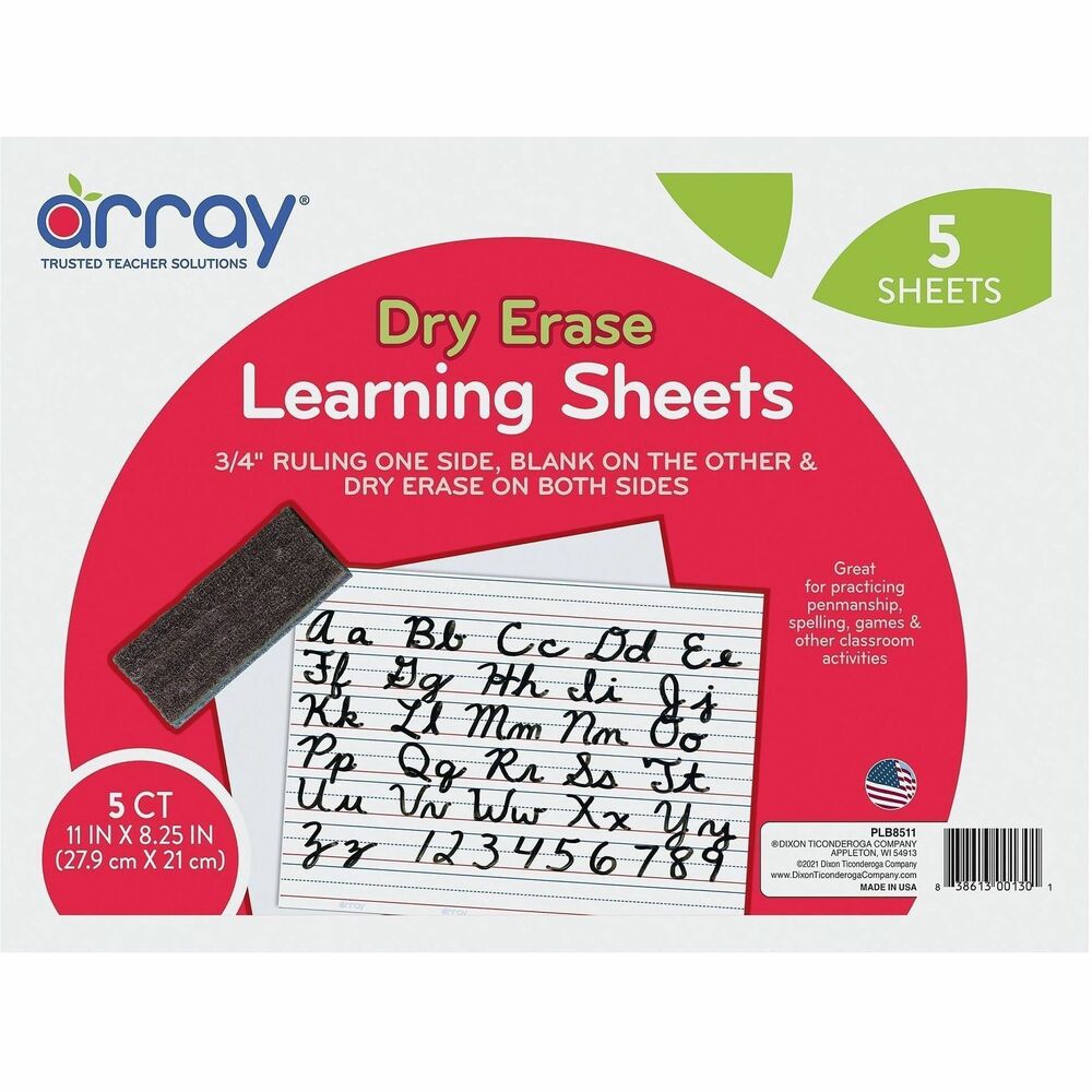 DIXPLB8511 - These Dry-Erase Learning Sheets are dry-erase on both sides for convenient use. One side is ruled for practicing penmanship or spelling, and the other side is not ruled, allowing students to use it for playing classroom games and other classroom activities. Easily wipe away and do it again and again.