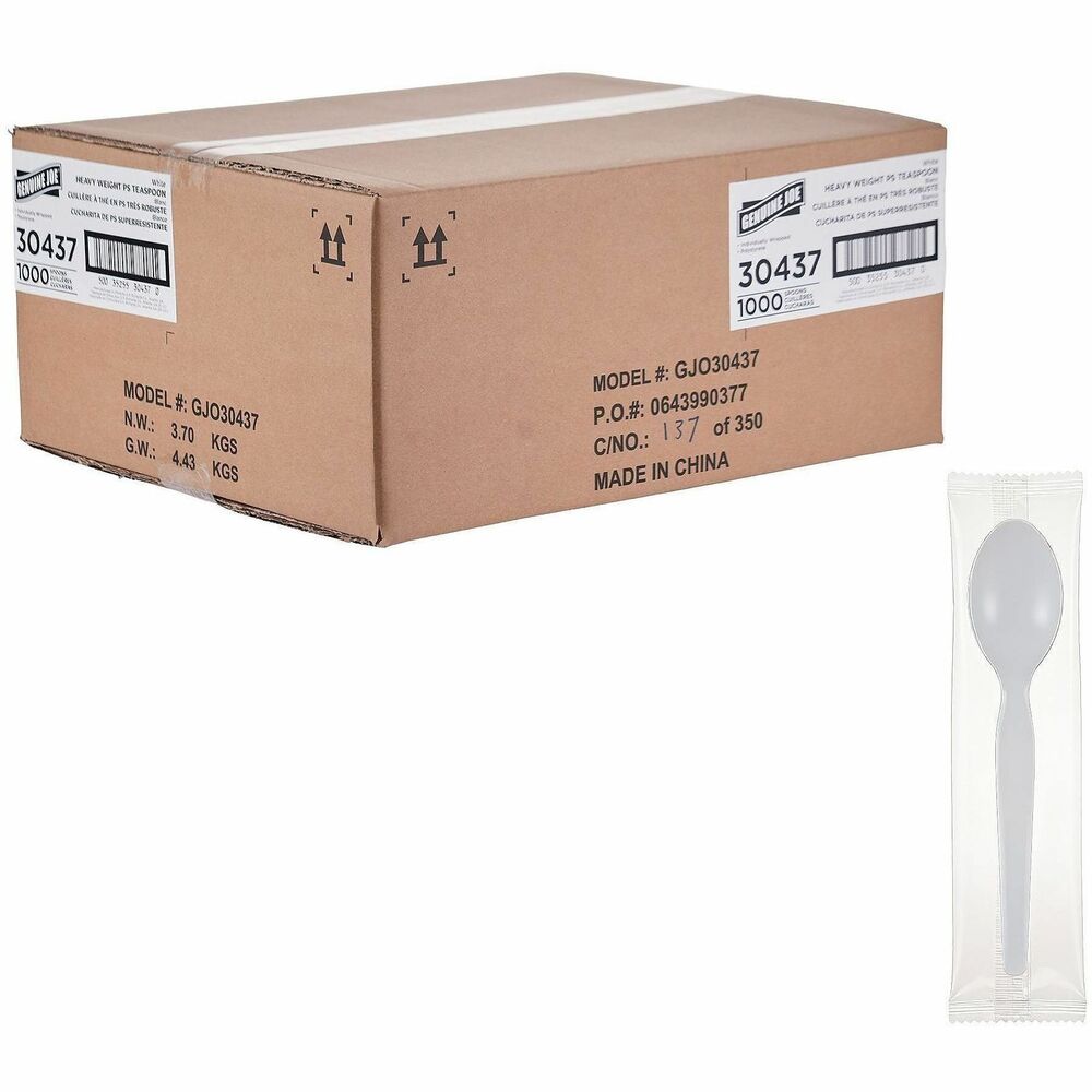 GJO30437 - These Genuine Joe Disposable Spoons are made from durable, heavy-weight polystyrene to hold up to hefty meals. They're sturdy yet flexible, they come individually wrapped to reduce cross contamination and to eliminate the spread of germs. Disposable cutlery is convenient and ideal for eating while on-the-go or for casual dining, breakrooms, events, food trucks, cafeterias and more.