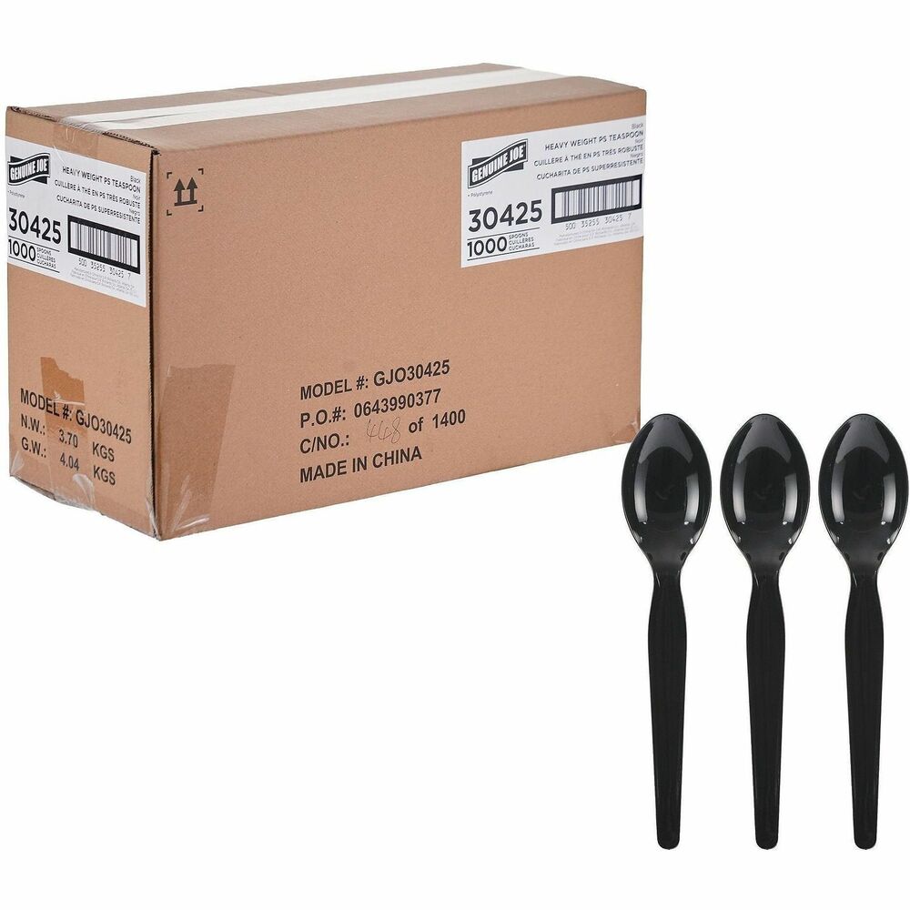 GJO30425 - These Genuine Joe Disposable Spoons are made from durable, heavy-weight polystyrene to hold up to hefty meals. They're sturdy yet flexible. Disposable cutlery is convenient and ideal for eating while on-the-go or for casual dining, breakrooms, events, food trucks, cafeterias and more.