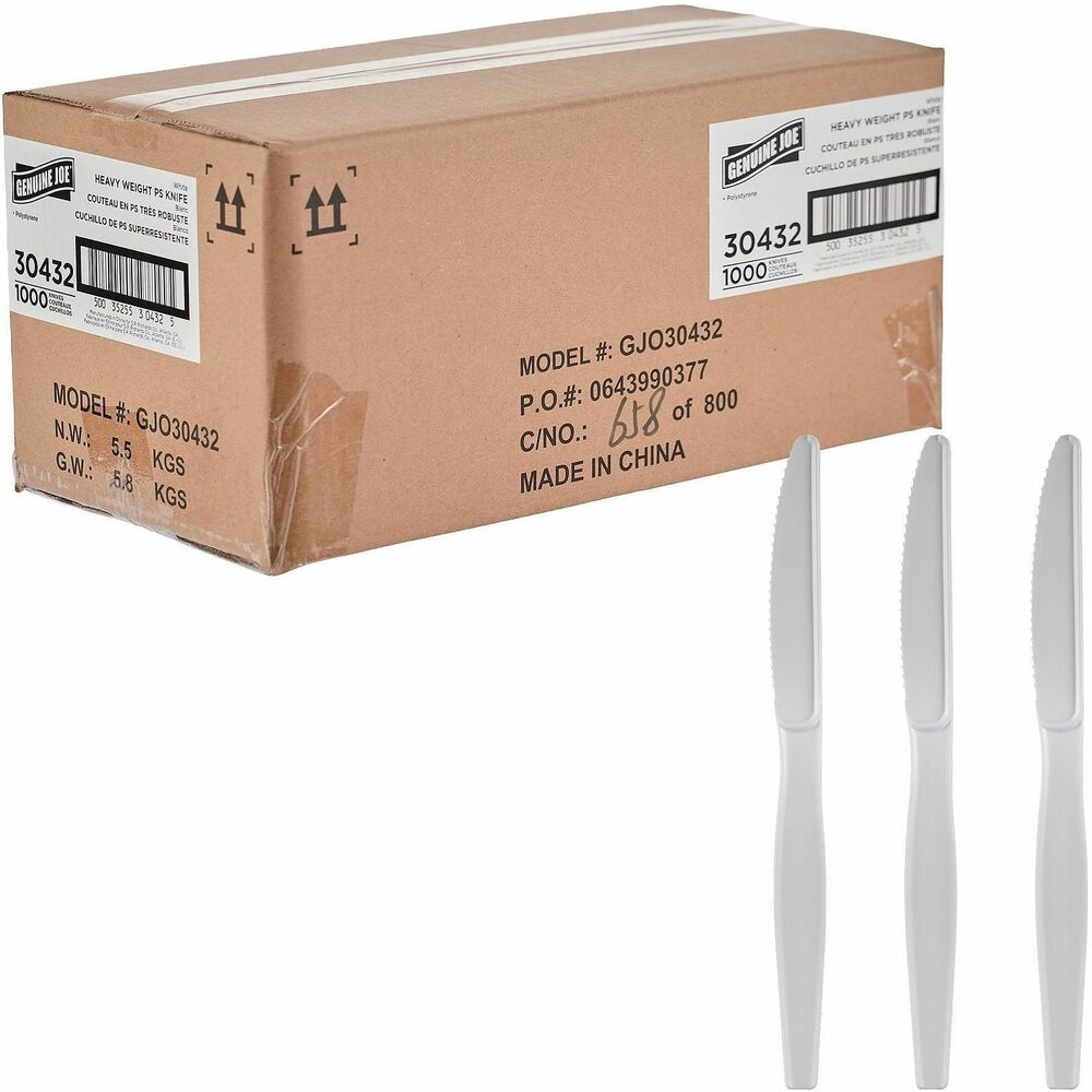 GJO30432 - These Genuine Joe Disposable Knives are made from durable, heavy-weight polystyrene to hold up to hefty meals. They're sturdy yet flexible. Disposable cutlery is convenient and ideal for eating while on-the-go or for casual dining, breakrooms, events, food trucks, cafeterias and more.