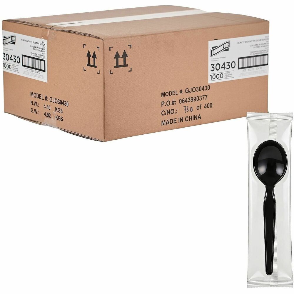 GJO30430 - These Genuine Joe Disposable Soup Spoons are made from durable, heavy-weight polystyrene to hold up to hefty meals. They're sturdy yet flexible, they come individually wrapped to reduce cross contamination and to eliminate the spread of germs. Disposable cutlery is convenient and ideal for eating while on-the-go or for casual dining, breakrooms, events, food trucks, cafeterias and more.