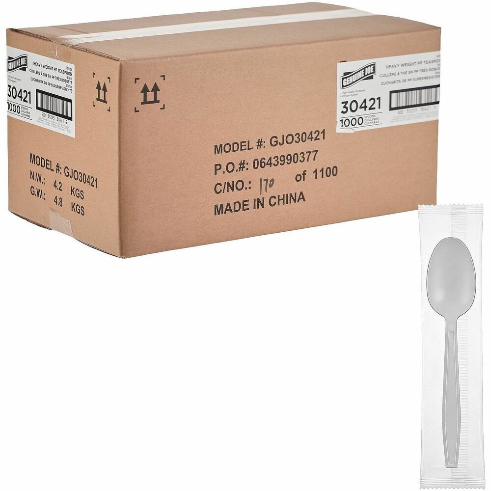 GJO30421 - These Genuine Joe Disposable Spoons are made from durable, heavy-weight polypropylene to hold up to hefty meals. Each fork comes individually wrapped to reduce cross contamination and to eliminate the spread of germs. Disposable cutlery is convenient and ideal for eating while on-the-go or for casual dining, food trucks, cafeterias and more.