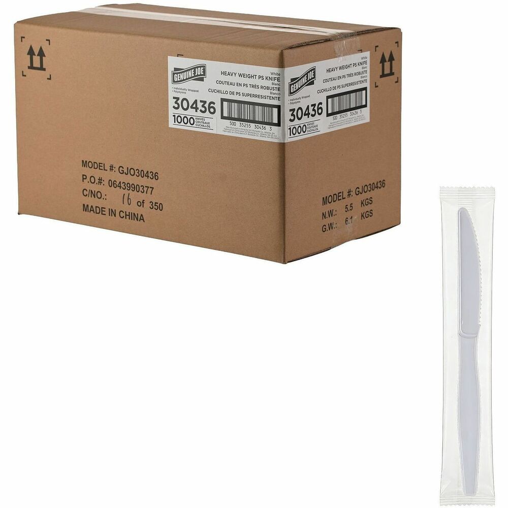 GJO30436 - These Genuine Joe Disposable Knives are made from durable, heavy-weight polystyrene to hold up to hefty meals. They're sturdy yet flexible, and they come individually wrapped to reduce cross contamination and to eliminate the spread of germs. Disposable cutlery is convenient and ideal for eating while on-the-go or for casual dining, breakrooms, events, food trucks, cafeterias and more.