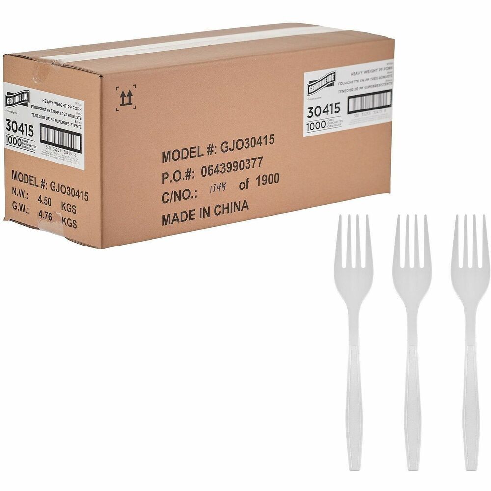GJO30415 - These Genuine Joe Disposable Forks are made from durable, heavy-weight polypropylene to hold up to hefty meals. Disposable cutlery is convenient and ideal for eating while on-the-go or for casual dining, food trucks, cafeterias and more.