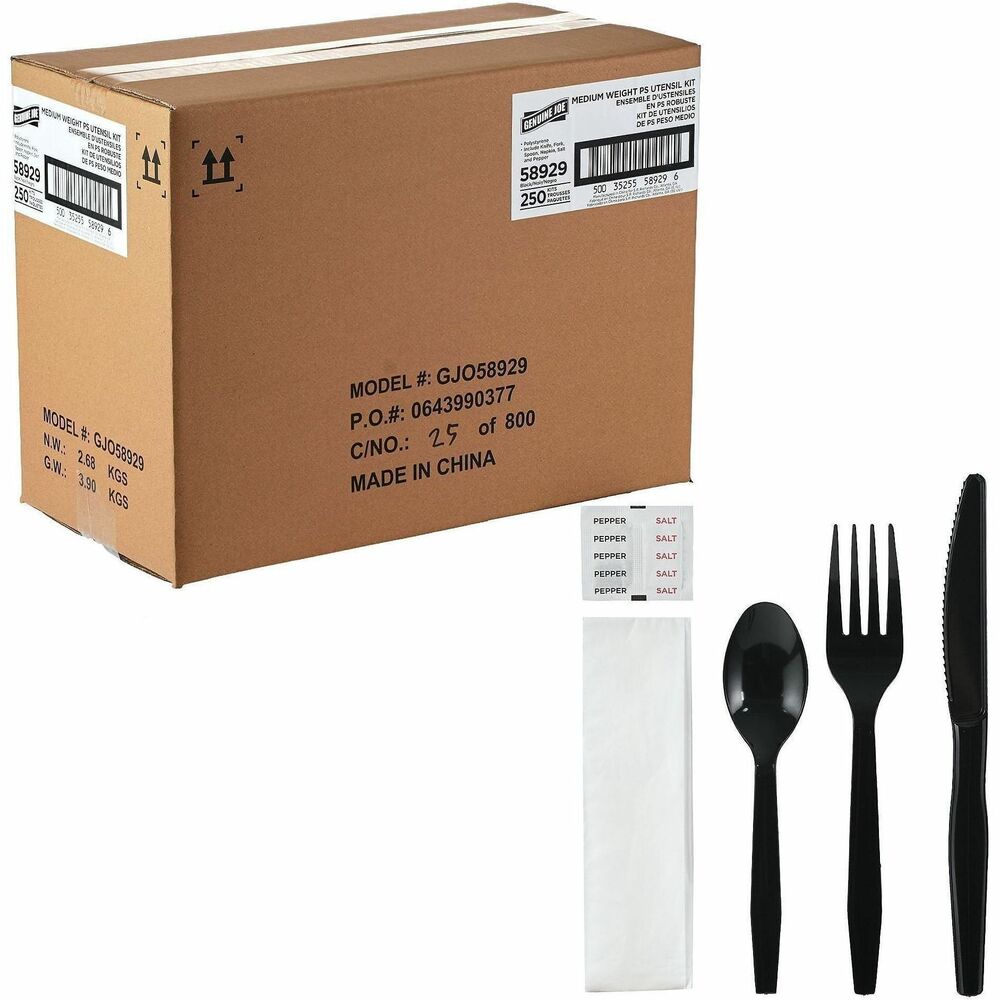 GJO58929 - Utensil kit features an individually wrapped collection of essential dining items for easy catering or eating on-the-go. It includes a fork (6.08"), knife (7"), spoon (5.62"), napkin (16" x 13" unfolded), pepper packet and salt packets. Medium-weight polystyrene cutlery is rigid and lightweight. Disposable design allows quick, easy cleanup after each use. Utensil kit is perfect for office parties, breakroom use, take-out meals, catering and more.