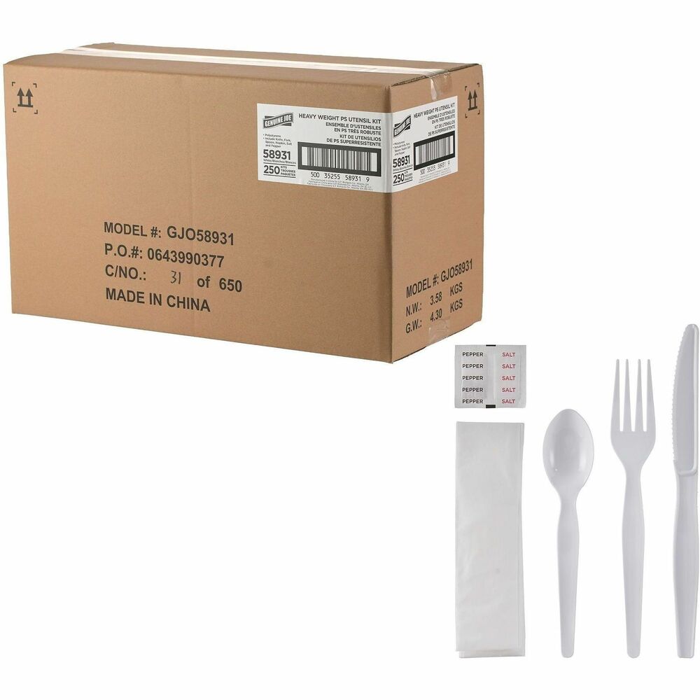 GJO58931 - Utensil kit features an individually wrapped collection of essential dining items for easy catering or eating on-the-go. It includes a fork (7.13"), knife (7.49"), spoon (6"), napkin (16" x 13" unfolded), pepper packet and salt packets. Heavyweight polystyrene cutlery is rigid and lightweight. Disposable design allows quick, easy cleanup after each use. Utensil kit is perfect for office parties, breakroom use, take-out meals, catering and more.