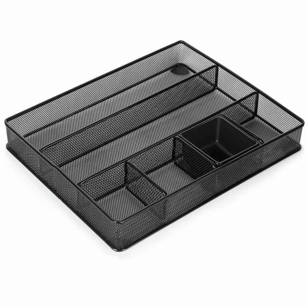 LLR84136 - Organize your work space with this Mesh Drawer Organizer. Deep, multi-compartment organizer provides extra capacity to keep everything in its place inside your drawer and easy-to-find. It's perfectly sized to fit most common drawer sizes in file cabinets or pedestals. It includes two extra-long compartments for rulers, writing instruments, scissors, and sticky notes. Four smaller compartments can hold everyday office supplies, including one plastic insert cup for tacks and pins. Durable metal mesh construction is both strong and stable to withstand years of use.