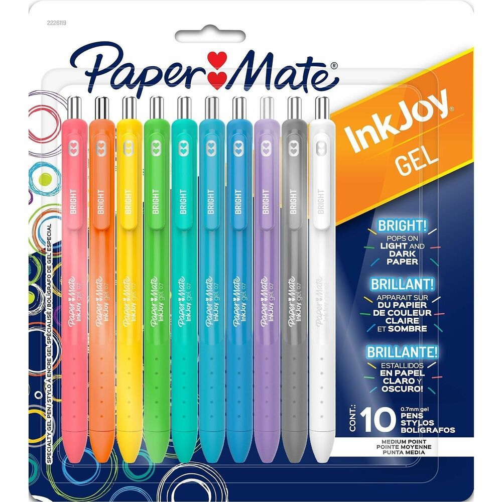 PAP2226119 - The vibrant colors of Paper Mate InkJoy Gel pens radiate brighter than ever. This collection of colorful pens features vivid gel ink that's bright on dark and light paper. These pens have a bright and smooth ink that keeps the joy flowing as fast as your thoughts. Plus, they come fully wrapped with a comfort grip for an enjoyable writing experience throughout the day. Each pack comes with assorted colors, including pink, orange, yellow, green, teal, light blue, blue, purple, grey and white. Brighten up your daily writing tasks, homework, journaling and more with Paper Mate InkJoy Bright Gel Pens.