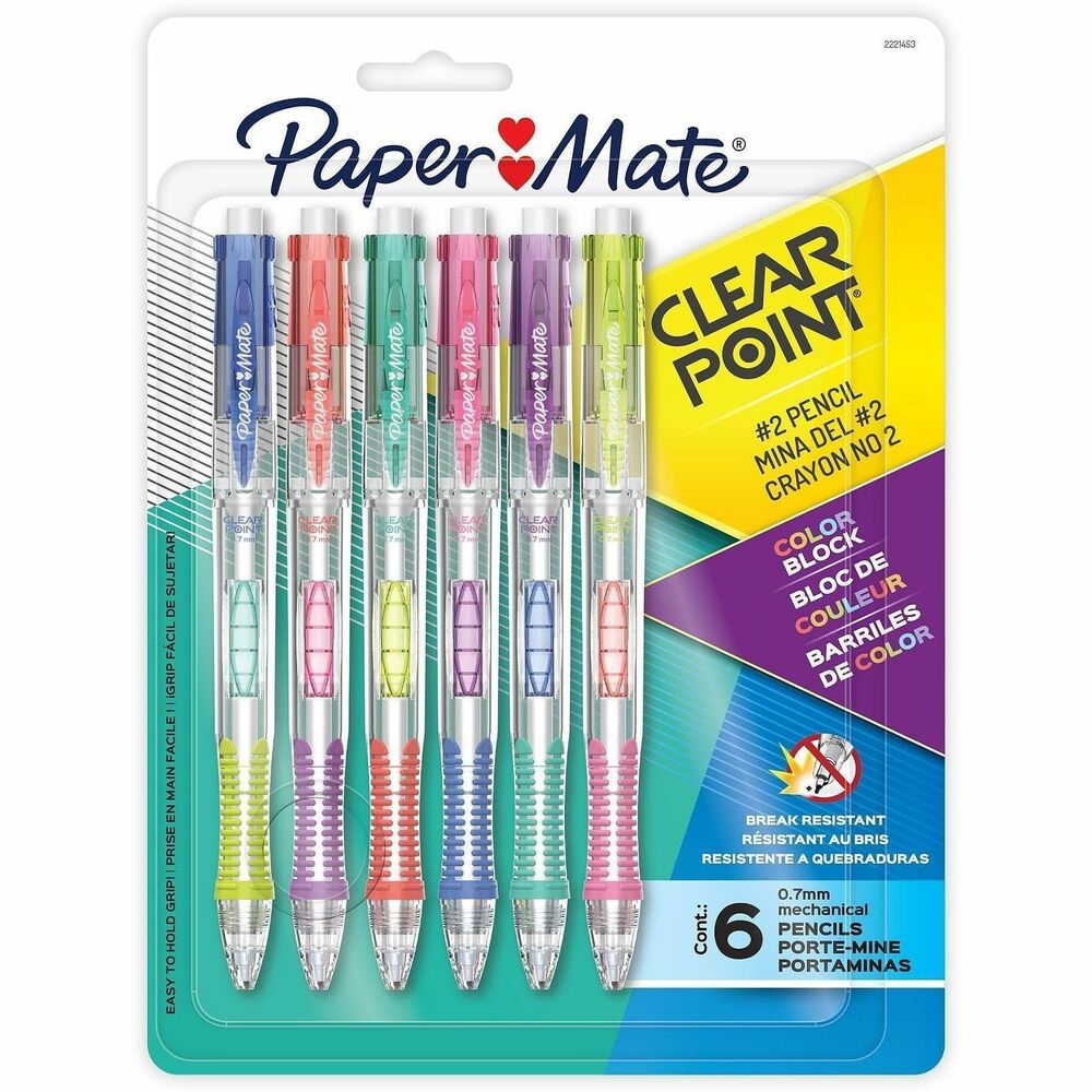 PAP2221453 - Experience break-resistant lead that glides on smoothly with Paper Mate Clearpoint Mechanical Pencils. Featuring a convenient side-click advance mechanism on the barrel, you'll be able to load your pencil lead without losing your grasp or slowing down. The textured grip provides comfort and control during long writing sessions, while the jumbo twist-up eraser lets you easily correct mistakes without any smudges or tearing. As a bonus, this collection of #2 pencils features bright new colors in a fun Color Block design to add a blast of joy to your writing. With the feel of a pen and the performance of a pencil, Paper Mate Clearpoint pencils are great for a variety of writing and art uses.
