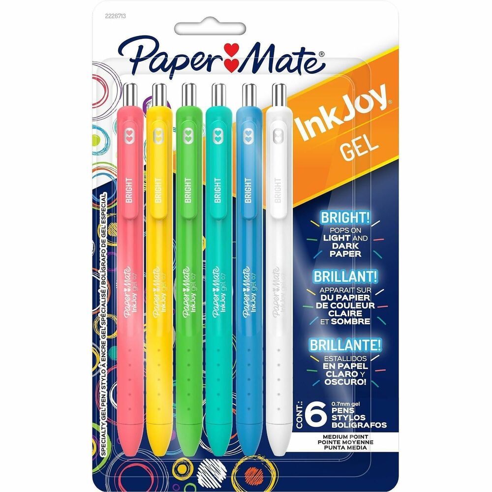 PAP2226713 - The vibrant colors of Paper Mate InkJoy Gel pens radiate brighter than ever. This collection of colorful pens features vivid gel ink that's bright on dark and light paper. These pens have a bright and smooth ink that keeps the joy flowing as fast as your thoughts. Plus, they come fully wrapped with a comfort grip for an enjoyable writing experience throughout the day. Each pack comes with assorted colors, including pink, yellow, green, teal, blue and white. Brighten up your daily writing tasks, homework, journaling and more with Paper Mate InkJoy Bright Gel Pens.