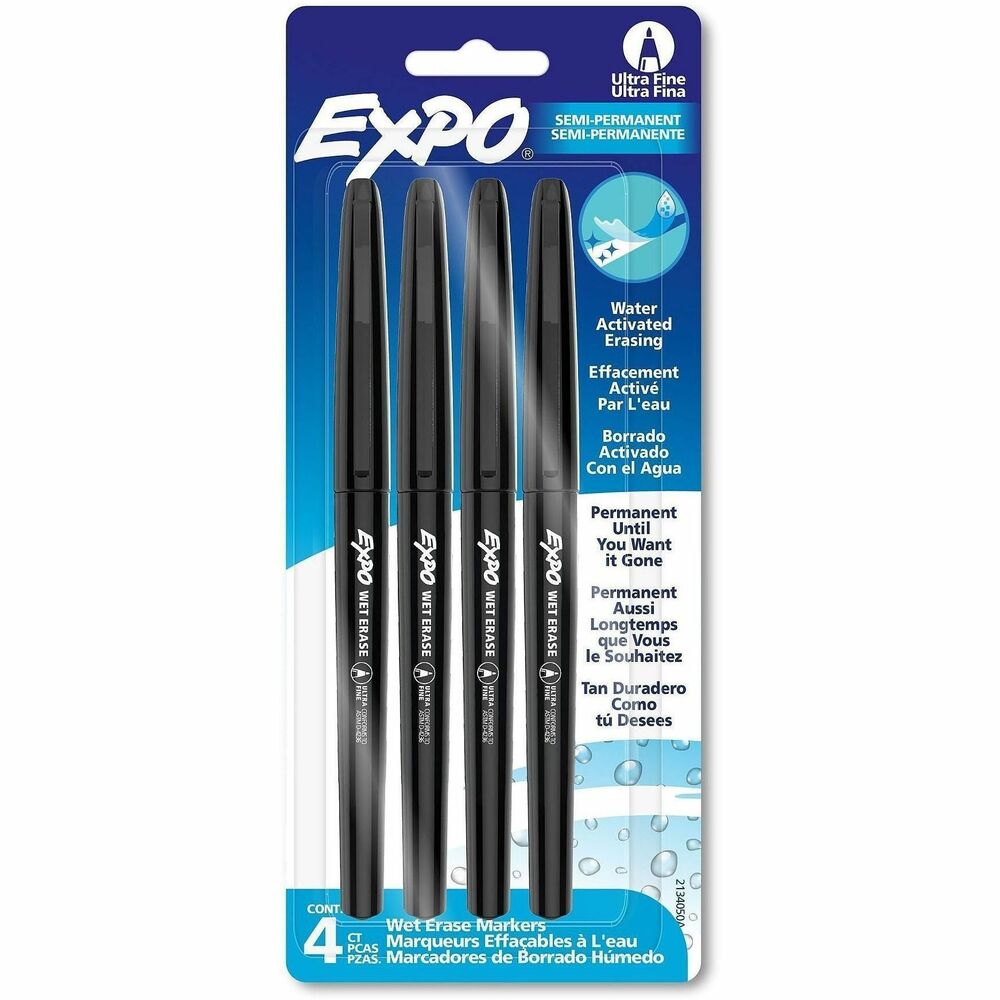 SAN2134050A - Adapt and evolve your ideas with ease using EXPO Wet-Erase Markers. These EXPO markers are permanent until you want it gone. The smudge-free ink stays put when dry, but with water-activated erasing technology, they wipe clean with water. These ultra fine-tip markers are great for precision, clarity and for adding details and embellishments to your calendar or small spaces. Markers are effective on glass, whiteboards and other non-porous surfaces.