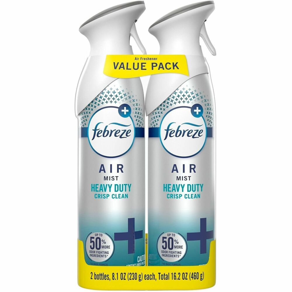PGC20429 - In even the cleanest homes, everyday odors are inevitable, and those odors can affect the enjoyment of being in your home. Febreze Air Mist Heavy-Duty is the go-to room deodorizer for tackling those unwanted smells. It's designed to instantly restore any space with the just-cleaned freshness you love. Made with powerful odor fighters, you can spray away stink confidently - whether you're in the kitchen, bathroom, garage, living room or any room where bad smells happen. With a blend of leafy-green, floral and watery notes, Heavy-Duty Crisp Clean brings freshness into overtime with up to 50-percent more odor-fighting ingredients (vs. base Febreze). You can breathe happy for up to 6 hours of ahh-mazing scent. This air freshener has 100-percent natural propellant and a nozzle that delivers full sprays to the last drop, so nothing goes to waste. Next time odors bring you down, grab the odor-fighting power and long-lasting scent of Febreze Air Mist.