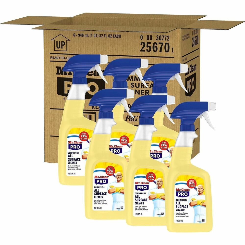 PGC25670 - Introducing Mr. Clean PRO All Surface Cleaner, a commercial-grade solution for tackling tough commercial grime. This surface cleaning liquid is designed to cut through up to 99-percent of stubborn dirt and grime found in high-traffic areas, guest rooms and various surfaces throughout your business. Whether you are cleaning front of the house or bathrooms, Mr. Clean PRO picks up grime that gets left behind. With its commercial-grade formula, this surface cleaner features powerful cleaning agents that effectively trap, lift and remove grime that often accumulates on sinks, counters, walls, glass and more. This specialty surface cleaner is suitable for use on a wide range of hard surfaces, making it incredibly versatile. It works on stainless steel, laminate, granite, porcelain, glass and more. Whether you're maintaining cleanliness in a busy hotel, restaurant or office, Mr. Clean PRO is a must-have surface cleaner for your business.