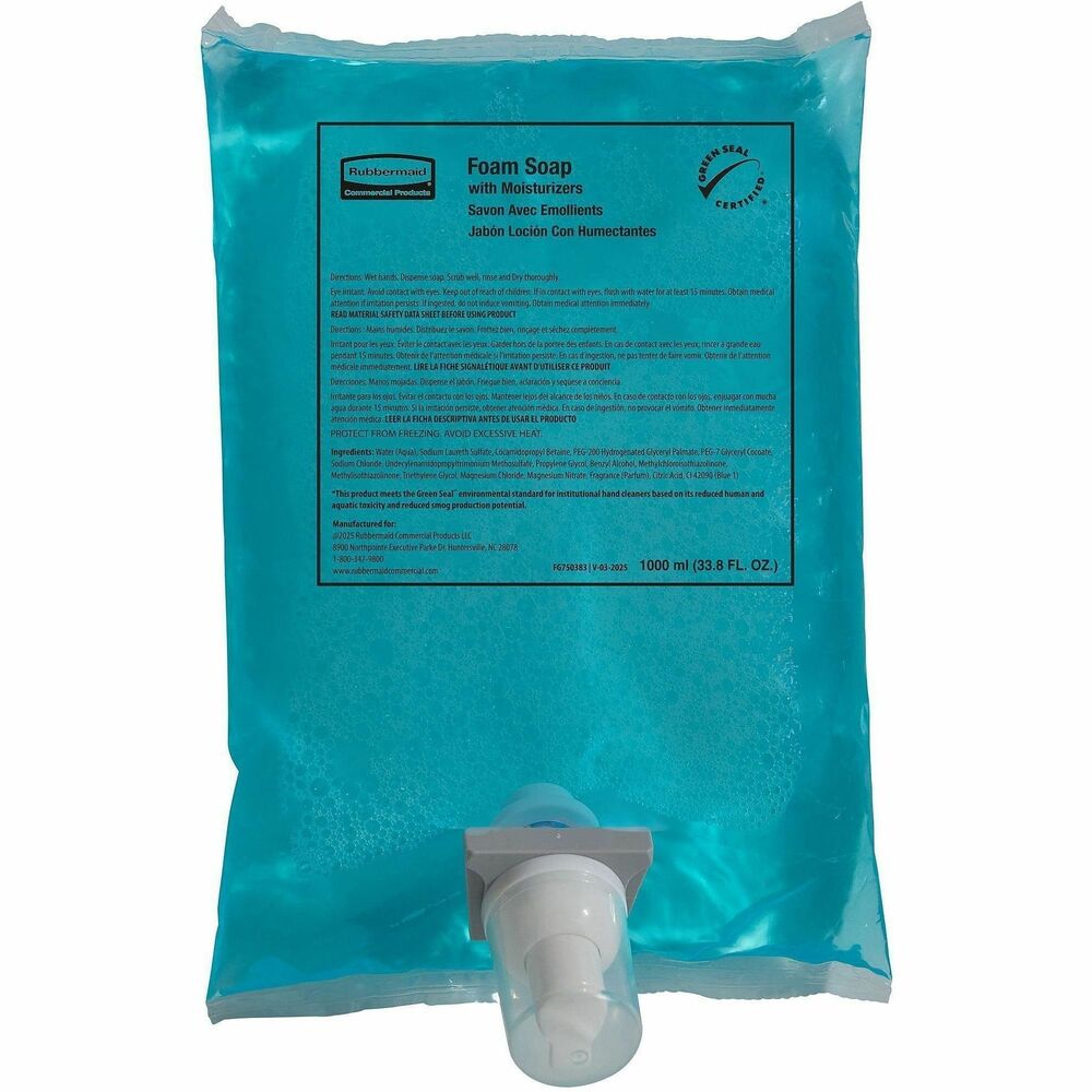 RCP750383 - Use this Moisturizing Foam Hand Soap refill in Rubbermaid Commercial Manual Foam Dispenser (FG450034, FG450017) when using a pouch holder. It dispenses in a light, airy consistency that lathers. Skin conditioners create a luxurious handwashing experience that delights users and encourages healthy handwashing. Hypoallergenic formula is perfect for sensitive skin. 1000 mL refill lasts up to 2,500 handwashes. It is Green Seal certified.