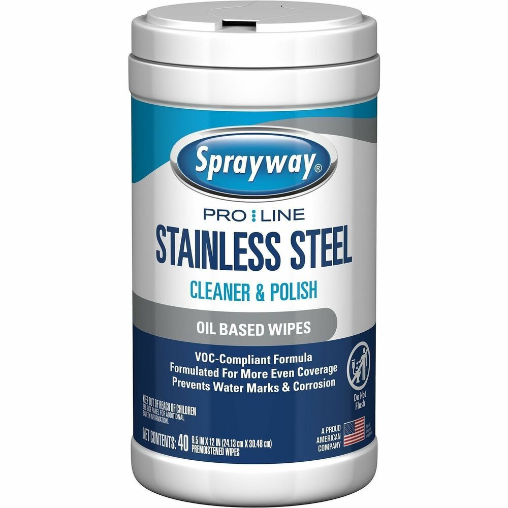 CGCSW993 - Sprayway ProLine Stainless Steel Cleaner and Polish Wipes effectively clean, polish and protect stainless steel surfaces. The powerful, oil-based and VOC-compliant formula provides even more coverage and prevents water marks and corrosion.