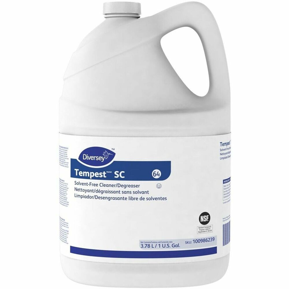 DVO100986239 - Tempest SC Solvent-free Cleaner/Degreaser removes food-based soils, oils and greases, metal working fluids and shop dirt. High-alkaline, solvent-free degreaser is made for commercial cleaning applications. It is suitable for use in mopping, autoscrubbing, steam cleaning, pressure-cleaning, foam cleaning vertical surfaces and immersion cleaning applications. Degreaser quickly penetrates industrial soils without solvents. Low-foaming, alkaline degreaser contains no VOCs. No fragrance is added. Dilution range is 1:24 to 1:256.
