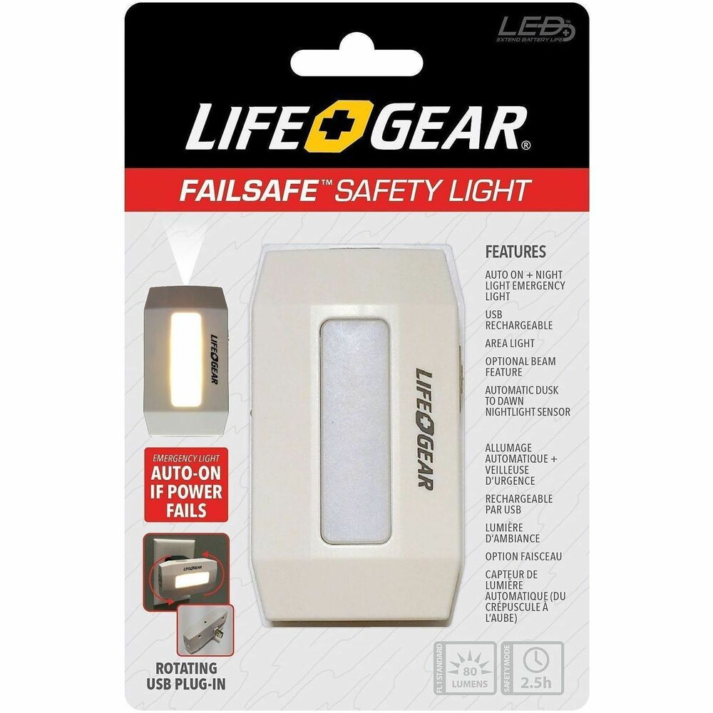 DCY413789 - Life Gear FailSafe Safety Light is a reliable rechargeable emergency light and night light. USB-rechargeable, it features a swivel USB plug-in for direct wall-socket charging. If your power fails, this safety light automatically turns on. Optional beam feature lets this emergency light act as both an area light and a flash light. Compact, light-weight design is suitable for plug-in use without blocking adjacent outlets. With four modes, you can easily switch between settings using the power switch to adjust the brightness: beam light high, beam light low, area light high and area light low. Light includes built-in 300 mAh lithium-ion rechargeable battery.