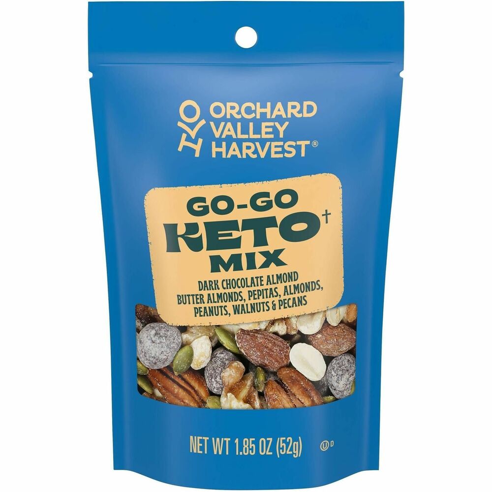 GRR22002949 - Fuel your next adventure with Orchard Valley Harvest Go-Go KETO Snack Mix. Better-for-you trail mix includes dark chocolate-almond butter almonds, pepitas, almonds, peanuts, walnuts and pecans. Each serving has 7g of plant-based protein per serving, making it a great treat between meals, or an on-the-go snack for work, school and everywhere in-between. Non-GMO Project Verified trail mix contains no artificial colors, flavors or preservatives.