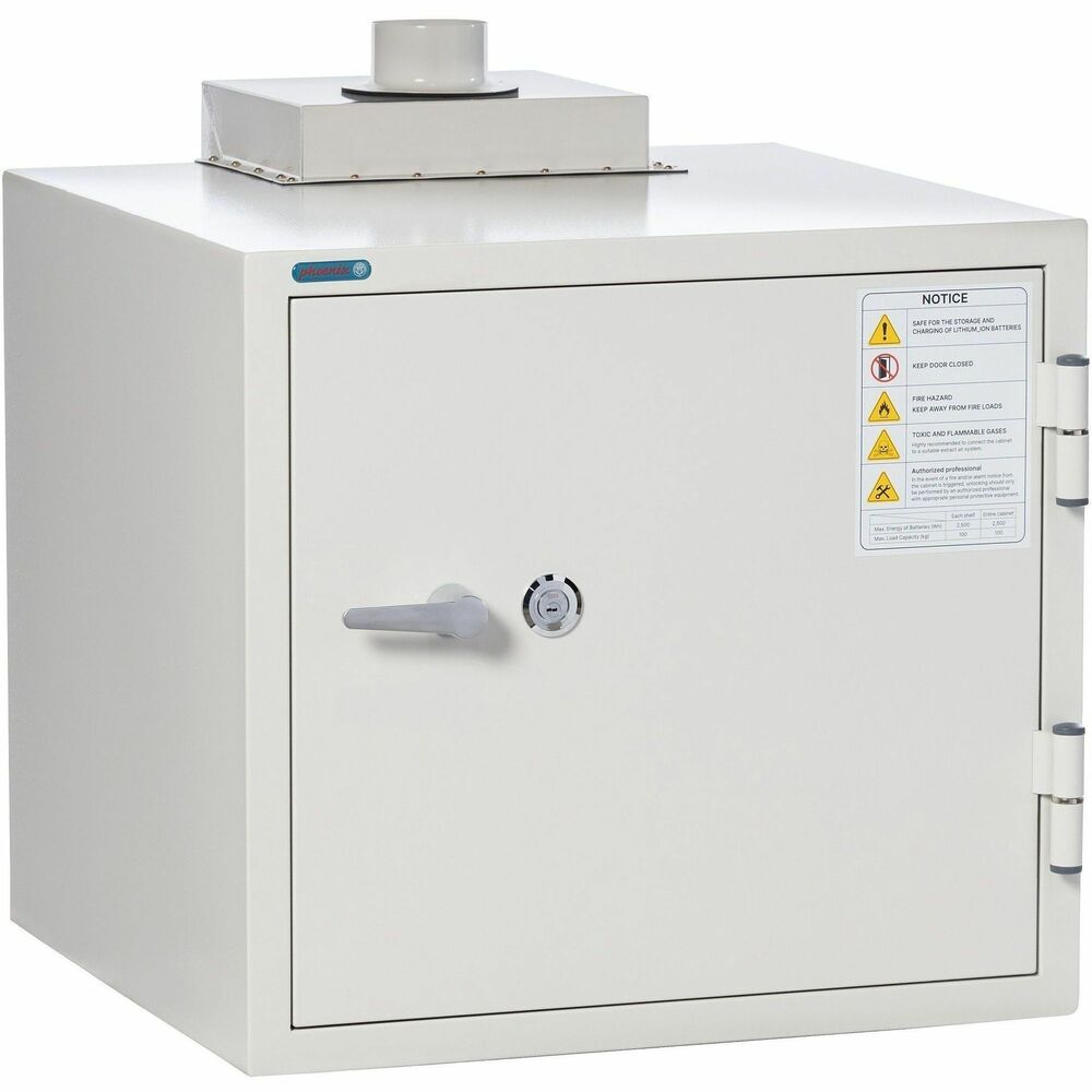 PXSBSS6100 - The Phoenix Safe Battery Commander Safe is a 110V Lithium-ion battery charging and storage safe. Advanced battery-charging safes feature UL-Certified power strips (PDUs) inside for ease and convenience. Durable safes are specially engineered to withstand and contain hard-to-extinguish battery fires, ensuring they don't spread and cause irreparable damage. Completely insulated with sophisticated door seals and double-wall steel construction, each safe provides both great strength and fire/heat resistance. Ventilation port offers easy connection to an external ventilation duct to reduce internal pressure and release toxic gases caused by battery fires. With the multipoint, pick-resistant dimple key lock, safe door will remain securely closed - even in the event of the most severe battery explosion.