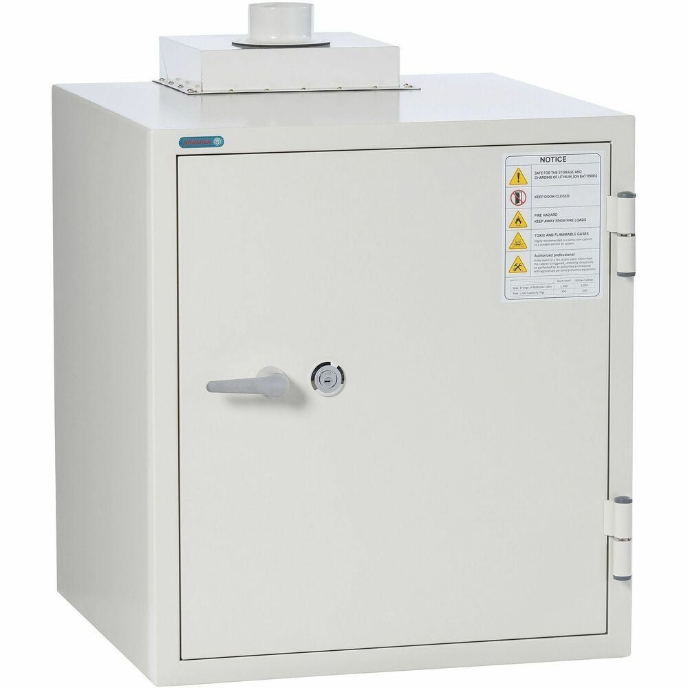 PXSBSS6101 - The Phoenix Safe Battery Commander Safe is a 110V Lithium-ion battery charging and storage safe. Advanced battery-charging safes feature UL-Certified power strips (PDUs) inside for ease and convenience. Durable safes are specially engineered to withstand and contain hard-to-extinguish battery fires, ensuring they don't spread and cause irreparable damage. Completely insulated with sophisticated door seals and double-wall steel construction, each safe provides both great strength and fire/heat resistance. Ventilation port offers easy connection to an external ventilation duct to reduce internal pressure and release toxic gases caused by battery fires. With the multipoint, pick-resistant dimple key lock, safe door will remain securely closed - even in the event of the most severe battery explosion.