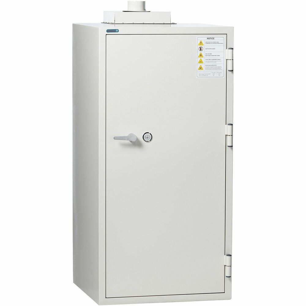 PXSBSS6103 - The Phoenix Safe Battery Commander Safe is a 110V Lithium-ion battery charging and storage safe. Advanced battery-charging safes feature UL-Certified power strips (PDUs) inside for ease and convenience. Durable safes are specially engineered to withstand and contain hard-to-extinguish battery fires, ensuring they don't spread and cause irreparable damage. Completely insulated with sophisticated door seals and double-wall steel construction, each safe provides both great strength and fire/heat resistance. Ventilation port offers easy connection to an external ventilation duct to reduce internal pressure and release toxic gases caused by battery fires. With the multipoint, pick-resistant dimple key lock, safe door will remain securely closed - even in the event of the most severe battery explosion.