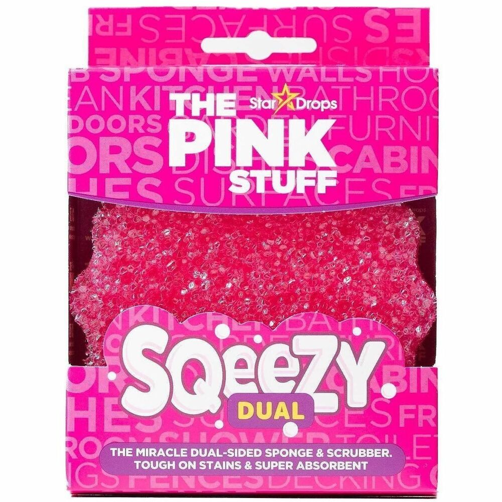 RST823773 - The Pink Stuff Sqeezy Dual Sided Sponge & Scrubber x 1The Pink Stuff Sqeezy Dual Sided Sponge & Scrubber is ideal for use around the household, kitchen, bathroom and even outdoors.The tough scrubber takes the hard work our of scrubbing, removing stubborn dirt and stains easily leaving a perfectly clean surface.A wipe with the super absorbent Sponge absorbs any excess liquid - the perfect partners for sparkling surfaces and dishes.For best results, use alongside with The Pink Stuff cleaning products.Suitable for use:In the household; floors, walls, and cabinets.In the kitchen; dishes, counters, surfaces and fridge.In the bathroom; sinks, shower, cabinets and toilets.Outdoor usage; furniture, railings, fences and decking.