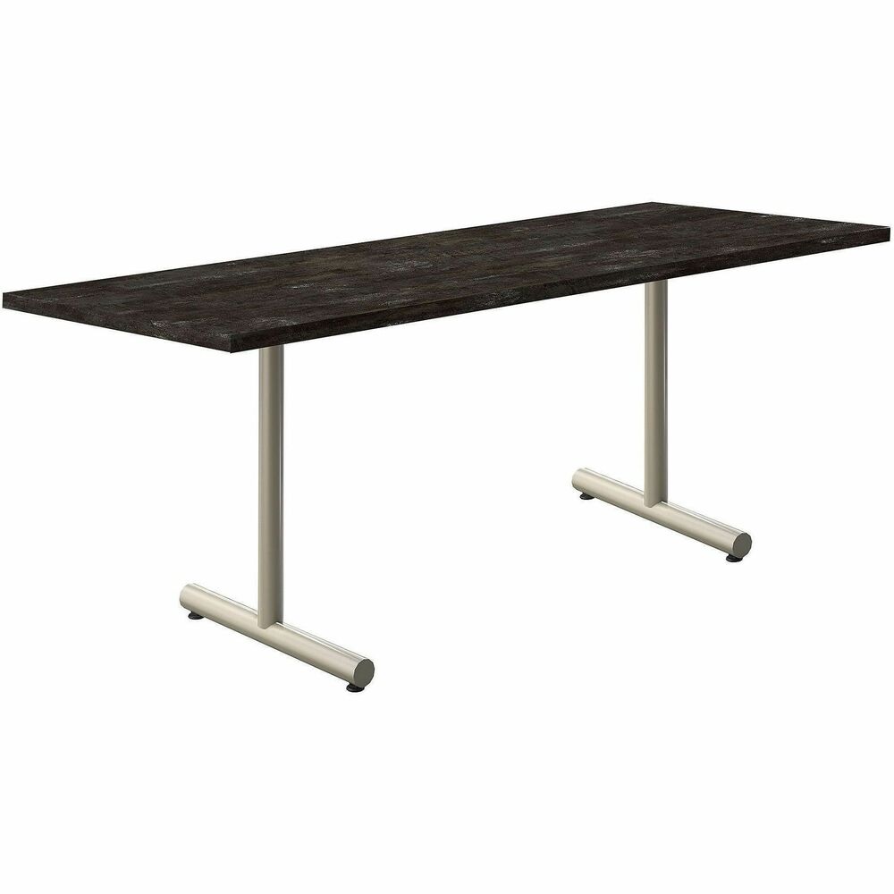 PSF4100 - PS Furniture Acacia Collection Tables offer versatility, durability and style. Tabletops measure 1-1/8" thick and features a particle board core. The linear edge profile is an exact match for the Forged Steel high-pressure laminate top. Fixed T-base is made from 14-gauge, 2"-diameter steel tubing with a color-matched end cap and assembled feet. Base boasts a silver powder coat for a professional look and added durability. Base adjustable leveler features a shank measuring 20-1/4" x 1-3/4".