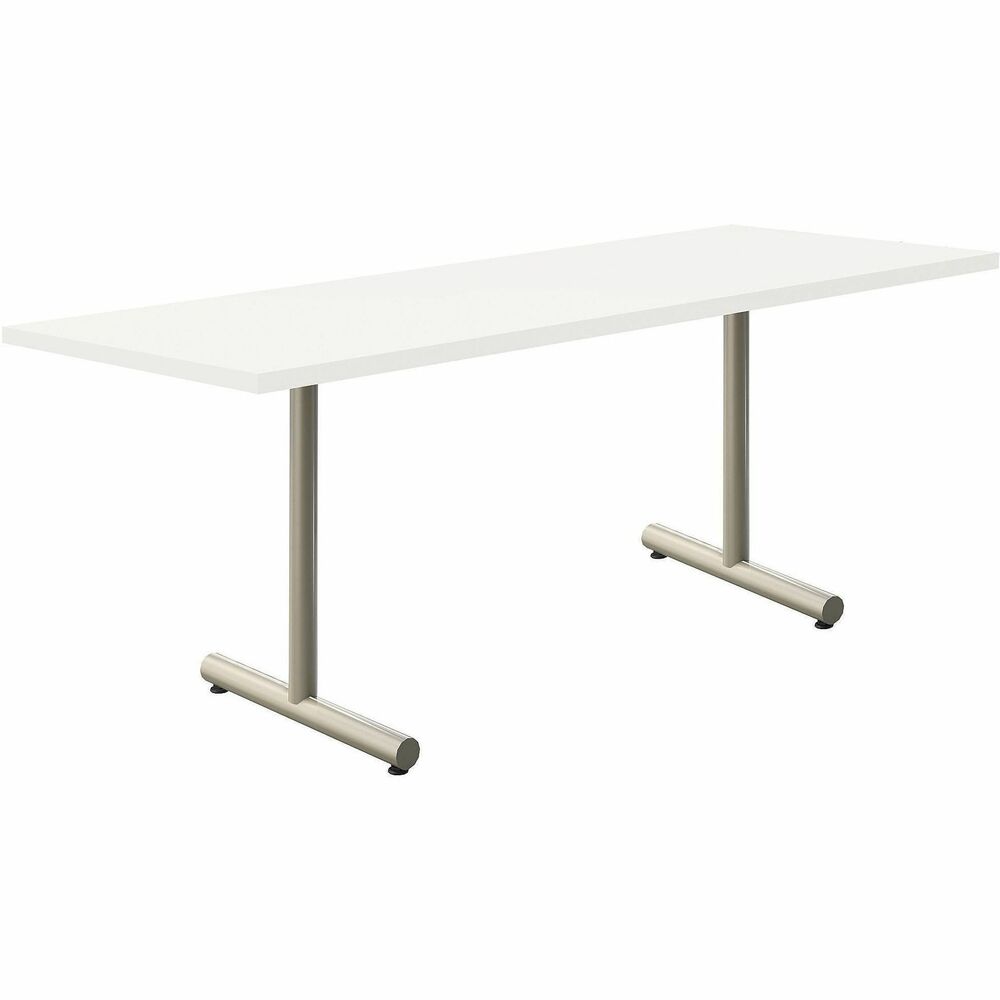 PSF4090 - PS Furniture Acacia Collection Tables offer versatility, durability and style. Tabletops measure 1-1/8" thick and features a particle board core. The linear edge profile is an exact match for the Frosty White high-pressure laminate top. Fixed T-base is made from 14-gauge, 2"-diameter steel tubing with a color-matched end cap and assembled feet. Base boasts a silver powder coat for a professional look and added durability. Base adjustable leveler features a shank measuring 20-1/4" x 1-3/4".