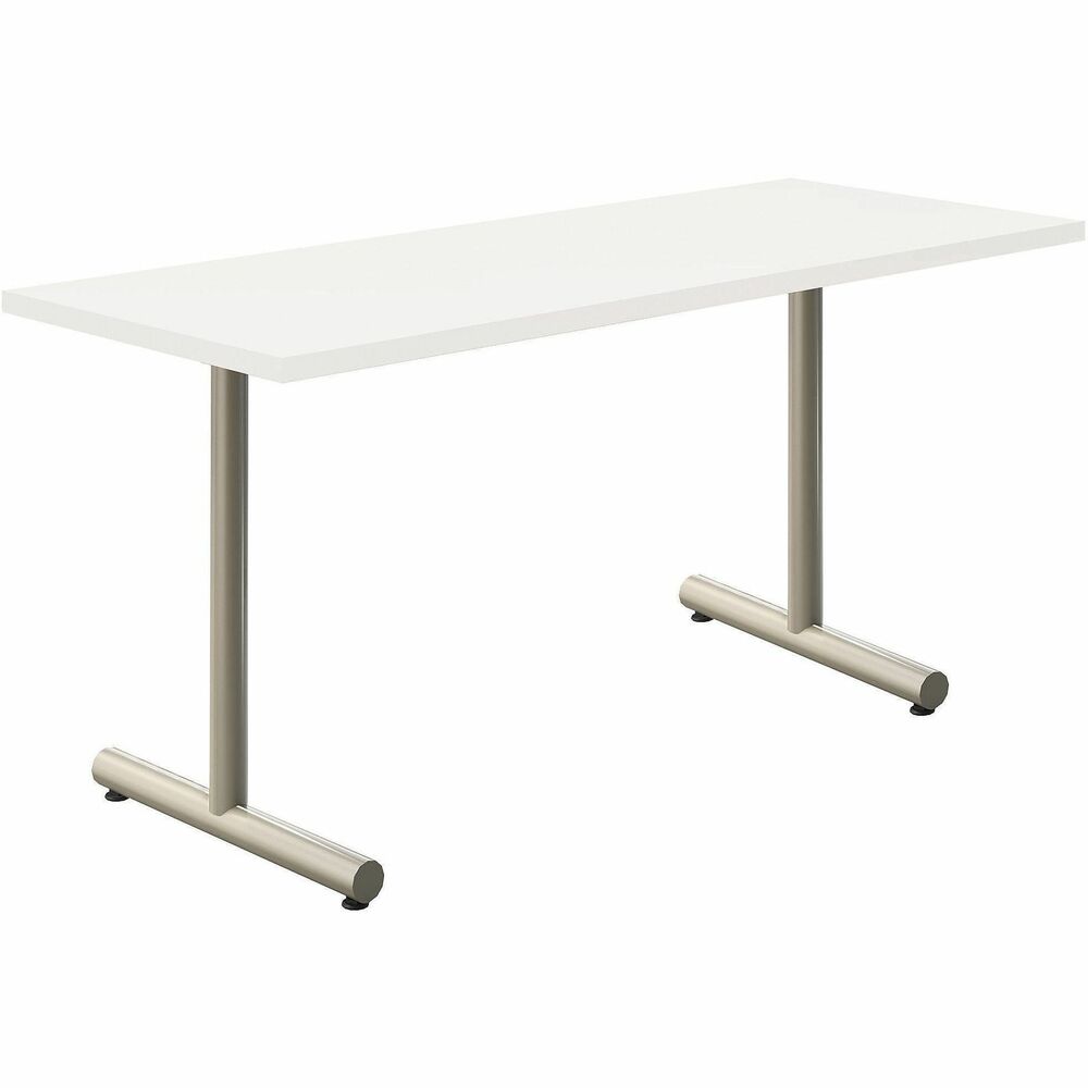 PSF4060 - PS Furniture Acacia Collection Tables offer versatility, durability and style. Tabletops measure 1-1/8" thick and features a particle board core. The linear edge profile is an exact match for the Frosty White high-pressure laminate top. Fixed T-base is made from 14-gauge, 2"-diameter steel tubing with a color-matched end cap and assembled feet. Base boasts a silver powder coat for a professional look and added durability. Base adjustable leveler features a shank measuring 20-1/4" x 1-3/4".