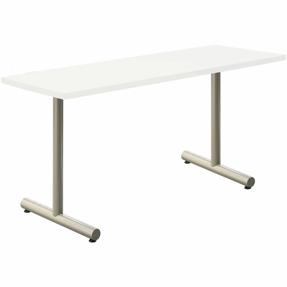 PSF4000 - PS Furniture Acacia Collection Tables offer versatility, durability and style. Tabletops measure 1-1/8" thick and features a particle board core. The linear edge profile is an exact match for the Frosty White high-pressure laminate top. Fixed T-base is made from 14-gauge, 2"-diameter steel tubing with a color-matched end cap and assembled feet. Base boasts a silver powder coat for a professional look and added durability. Base adjustable leveler features a shank measuring 20-1/4" x 1-3/4".